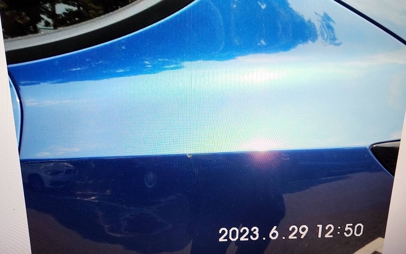 盧姓車主發現車輛左後方有刮傷，開啟哨兵模式揪肇事者。（翻攝畫面）