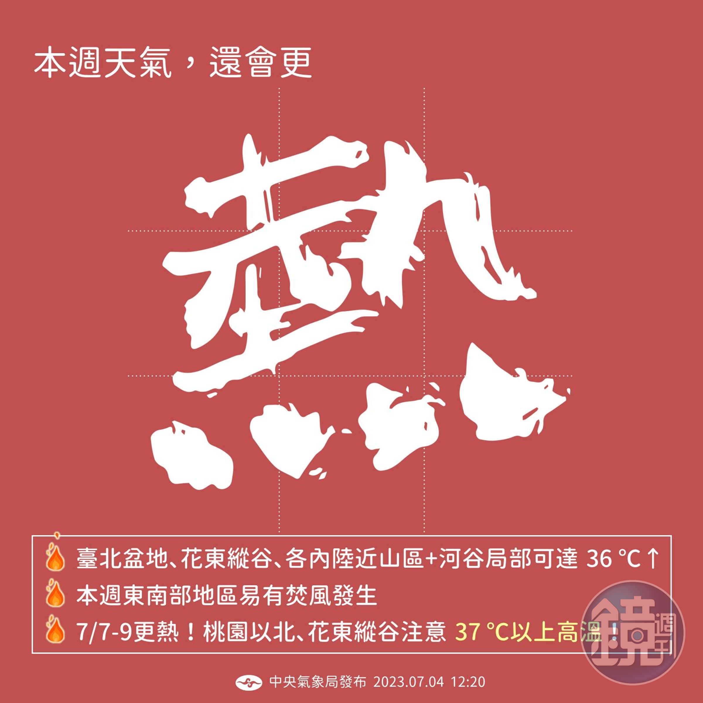 氣象局指出，週末3天桃園以北、花東縱谷預計會有37度以上高溫。（翻攝自臉書粉專「報天氣」）