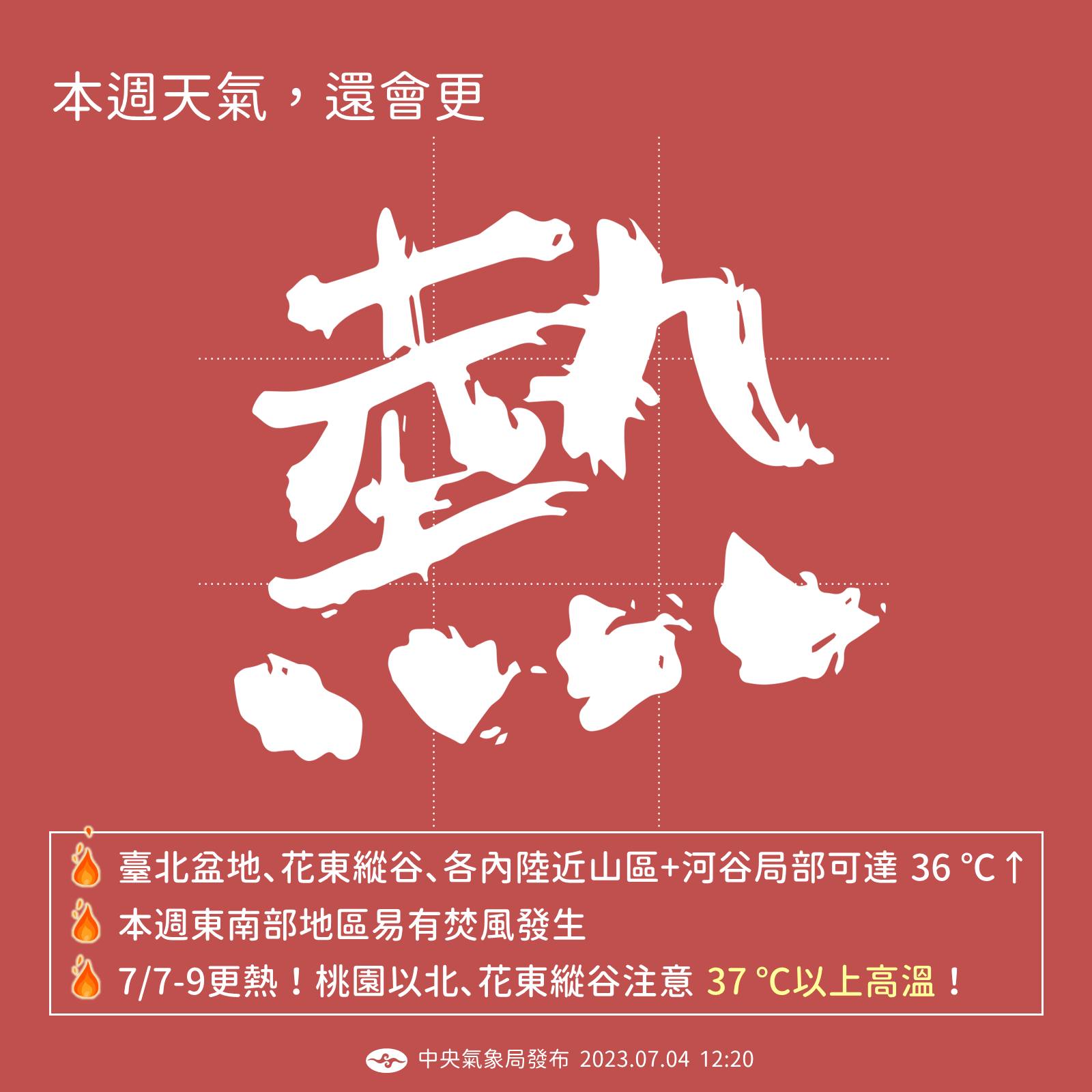 氣象局指出，週末3天桃園以北、花東縱谷預計會有37度以上高溫。（翻攝自臉書粉專「報天氣」）