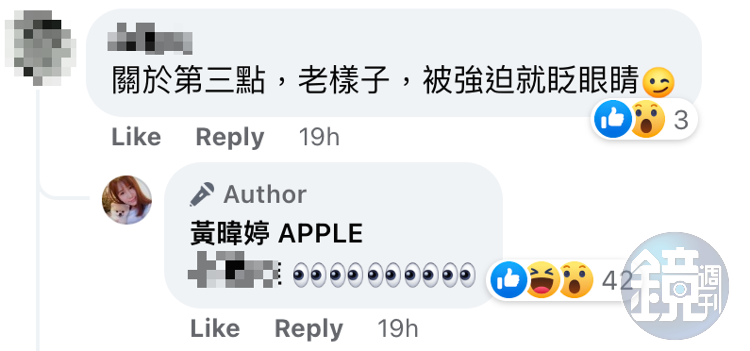 有網友問Apple「被強迫就眨眼睛」，Apple回了幾個「眼睛」的表情符號。（翻攝Apple臉書）