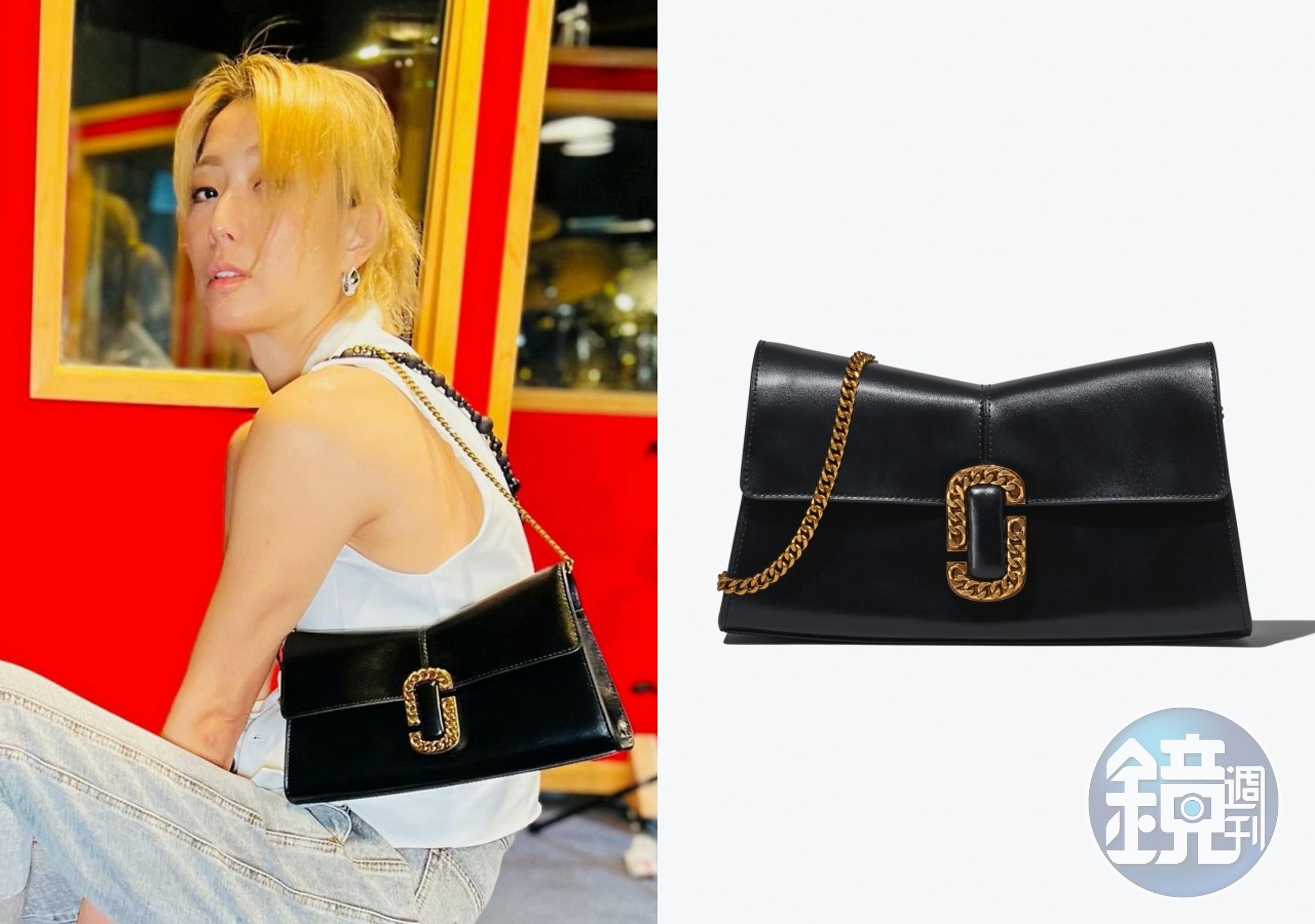 鄭秀文以簡單穿著搭配Marc Jacobs St. Marc暗夜黑皮革肩揹晚宴包，NT$19,900。（俊思提供）