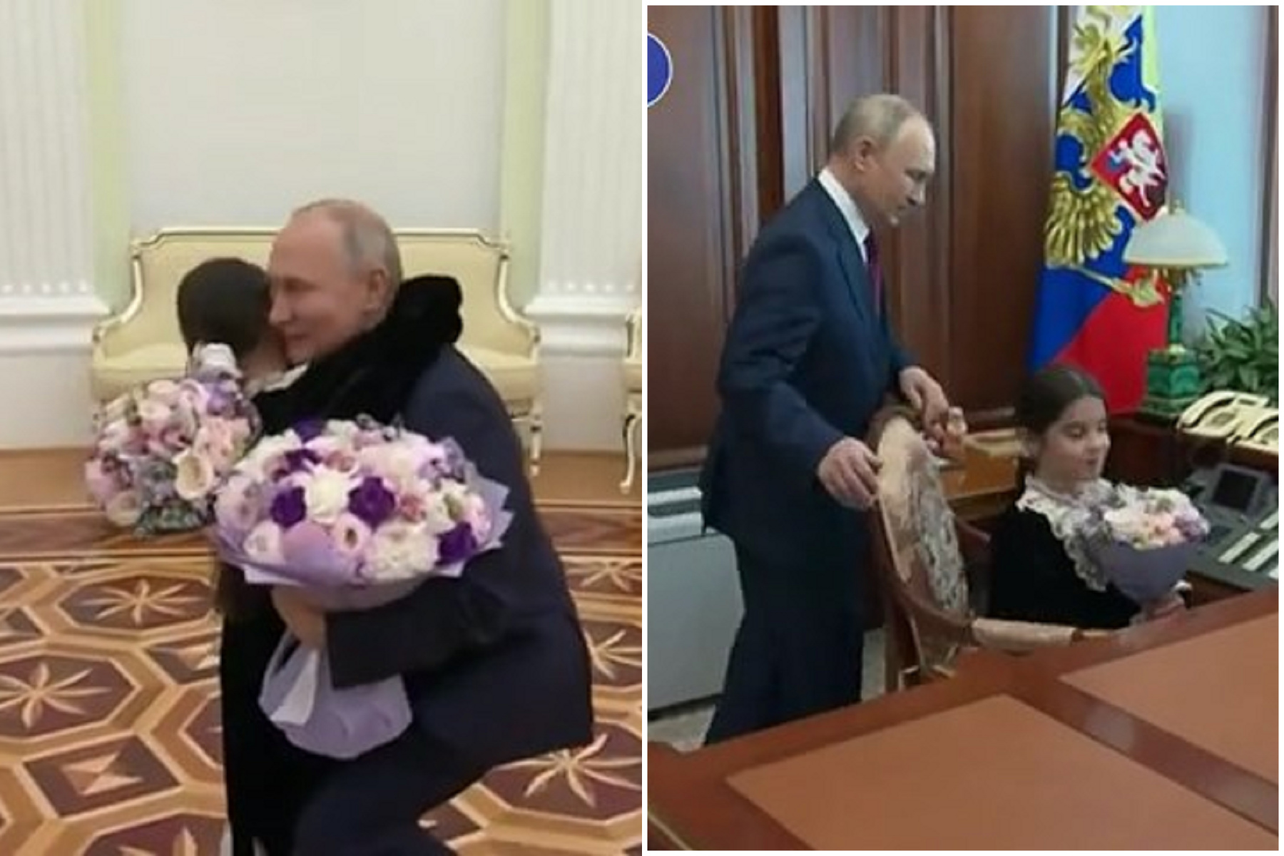 普丁親完妹子換主打「蘿莉牌」，跟8歲女孩抱抱！親自帶她遊總統府、坐大位。（翻自《每日郵報》）