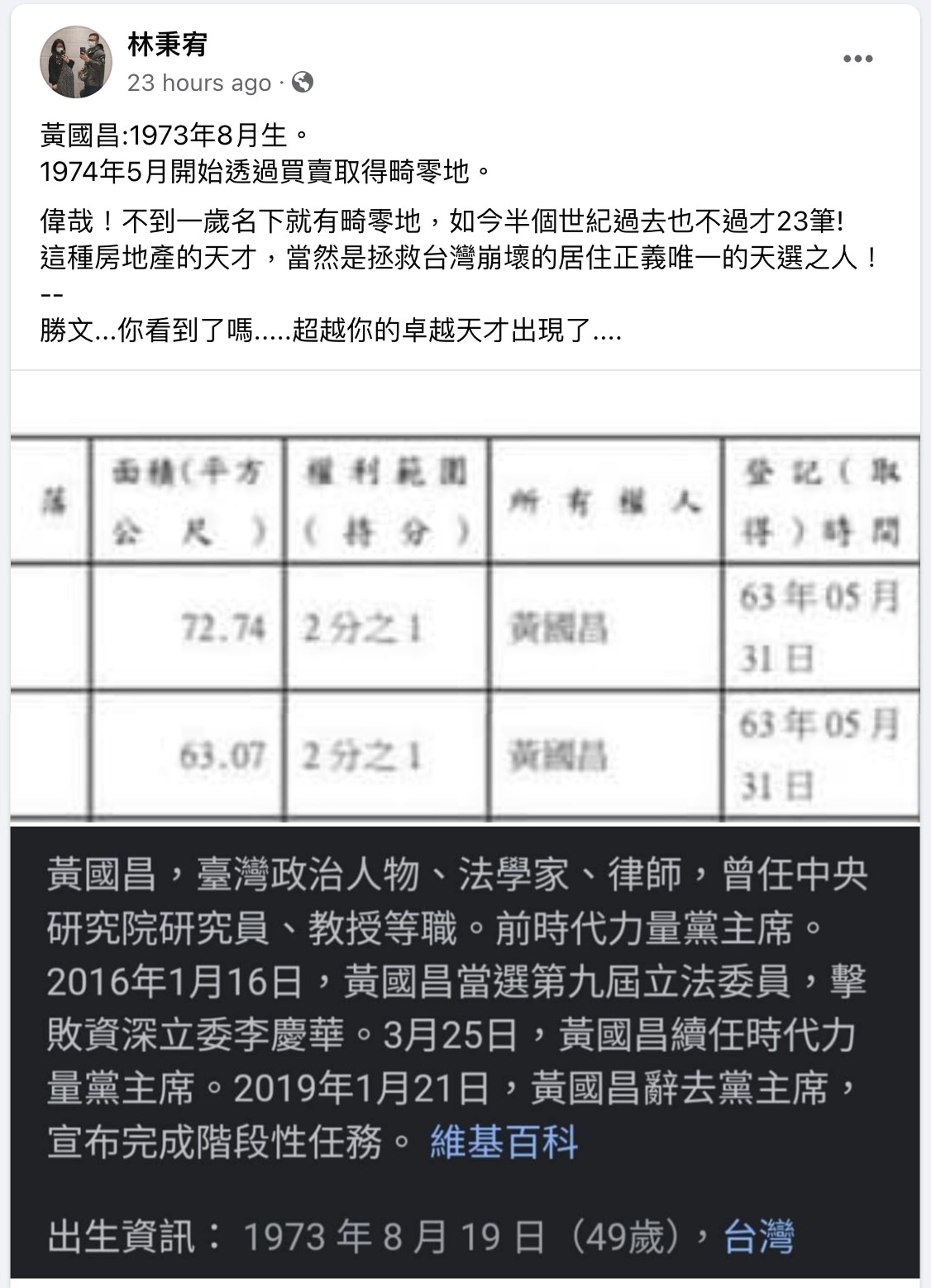 林秉宥在臉書爆料,1973年8月出生的時代力量前立委黃國昌,竟然在1974年5月就開始透過買賣取得畸零地。 (翻攝自林秉宥臉書)