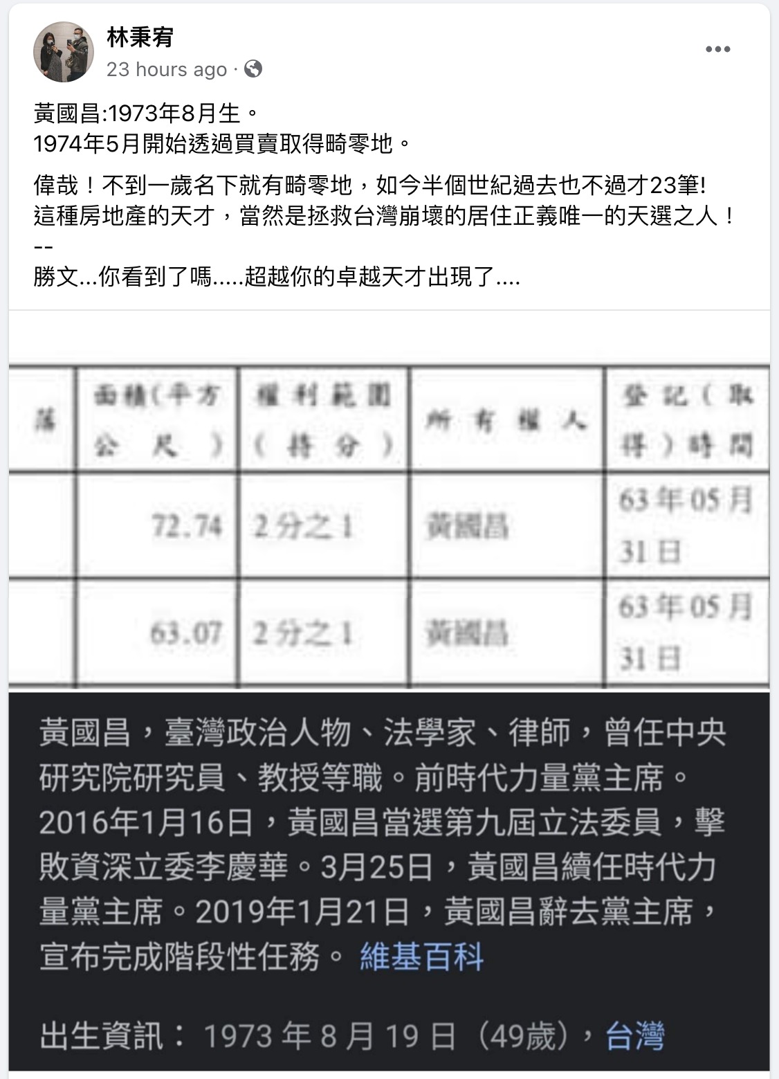 林秉宥在臉書爆料，1973年8月出生的時代力量前立委黃國昌，竟然在1974年5月就開始透過買賣取得畸零地。 （翻攝自林秉宥臉書）