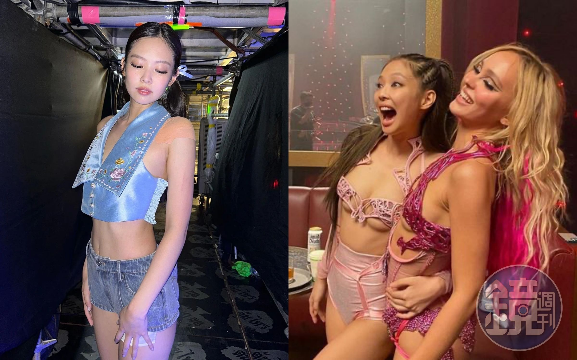 BLACKPINK成員Jennie演出《偶像漩渦》的一張只遮兩點服裝造型（右圖左）引起網友關注。（網路圖片）
