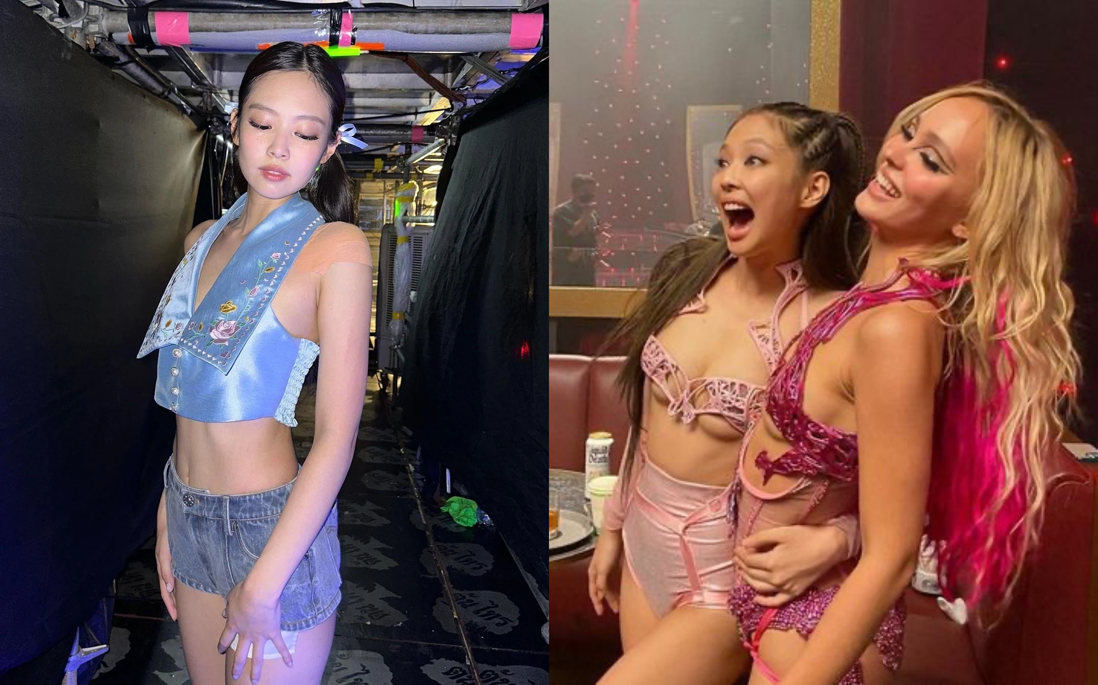 BLACKPINK成員Jennie演出《偶像漩渦》的一張只遮兩點服裝造型（右圖左）引起網友關注。（網路圖片）