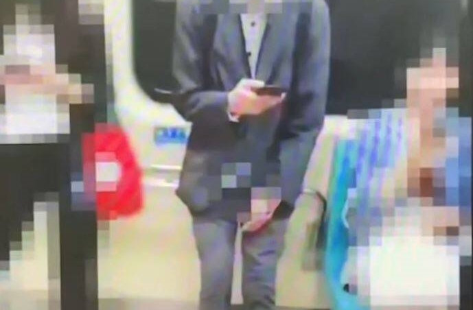 西裝男在人來人往的捷運車廂內竟公然暴露生殖器。（翻攝畫面）