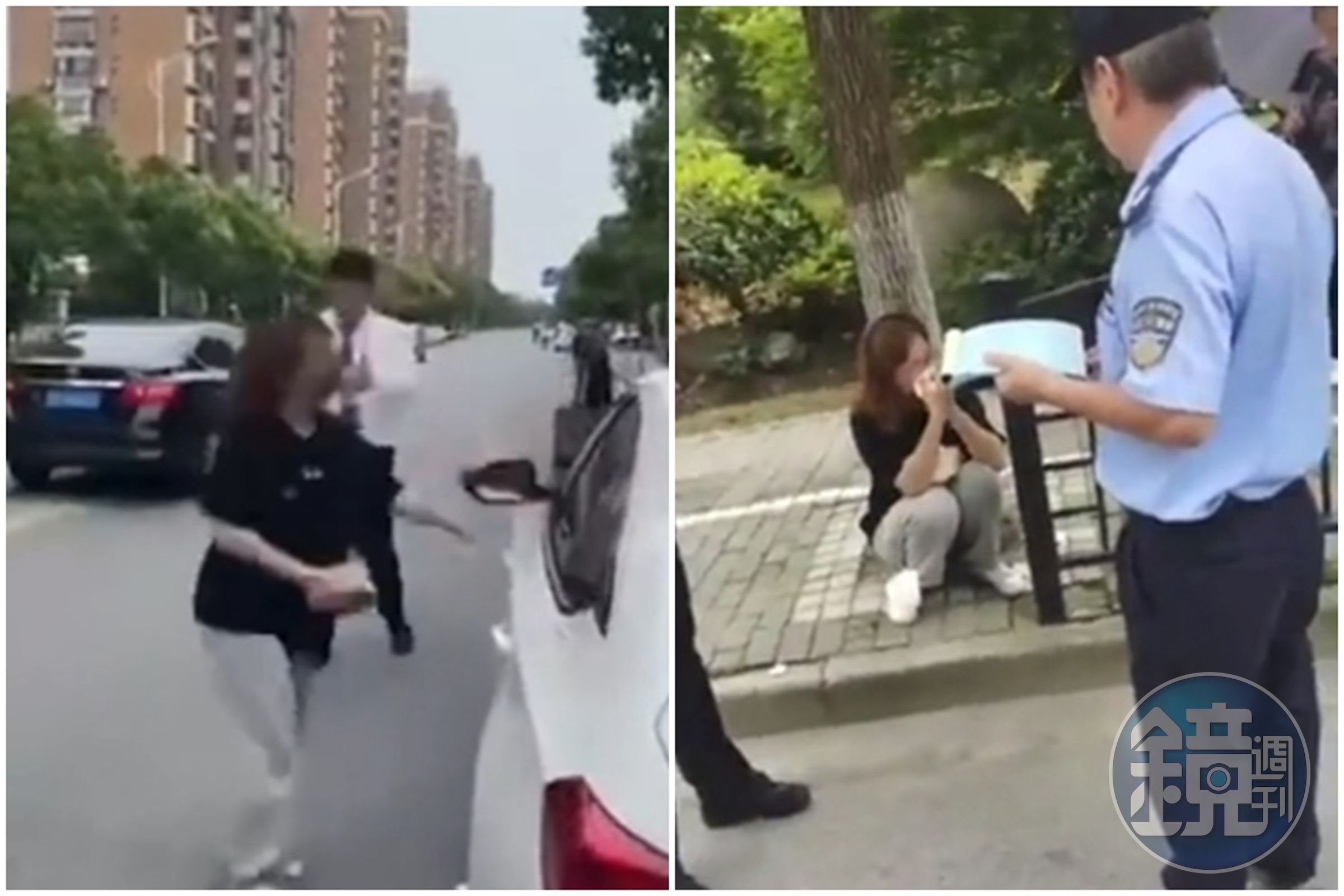 中國上海一名女子因男友劈腿,隨機約砲遭拒,在路邊情緒崩潰。(翻攝自微博)
