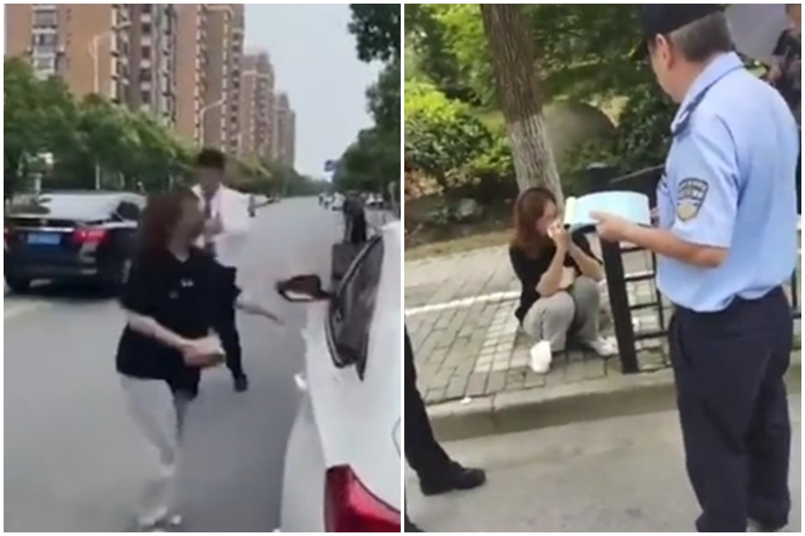 中國上海一名女子因男友劈腿，隨機約砲遭拒，在路邊情緒崩潰。（翻攝自微博）