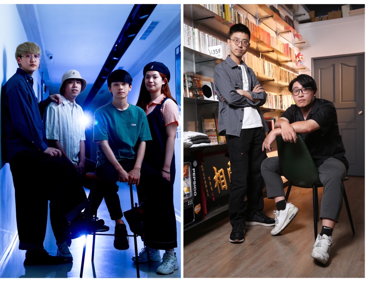 柒伍壹遊戲團隊（左圖）以詭譎的美術風格開發解謎遊戲《人生畫廊》《貓博物館》，左起為企劃兼美術陳俊儒、程式設計許瀞文、動畫許志遠、編劇吳翊瑄；Team9團隊（右圖）打造全球首款以中文字組成的解謎RPG《文字遊戲》，左為文字編劇陳育律、右為總製作人張文韋。