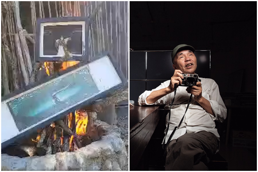 藝術家、攝影師謝男(右)性侵自己13歲女兒,至今過20年報出來,梁母曾在臉書發布燒毀其作品的影片(左)。(左圖翻攝自梁母臉書,右圖本刊資料照)