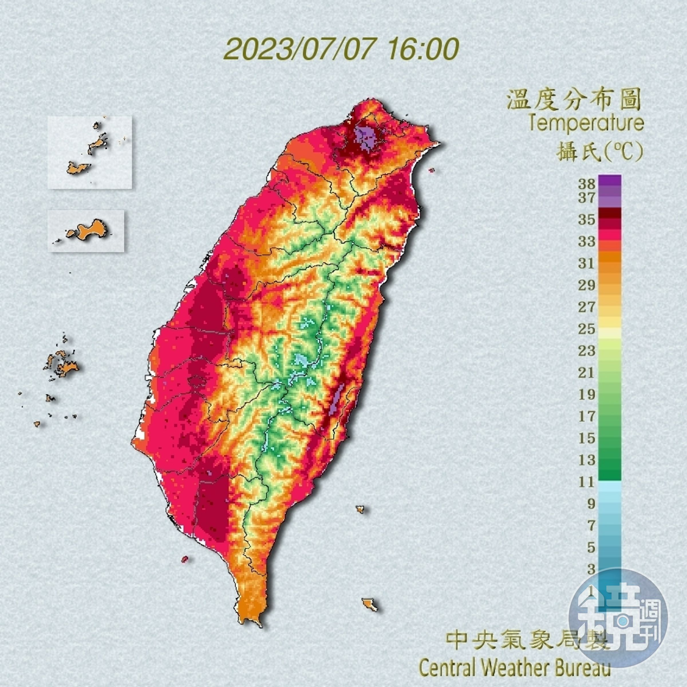 中午12點開始到下午4點,台北及花蓮都出現驚人的「紫色」高溫。(中央氣象局提供)
