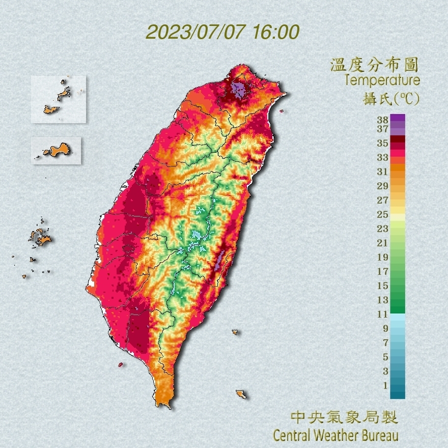 中午12點開始到下午4點，台北及花蓮都出現驚人的「紫色」高溫。（中央氣象局提供）