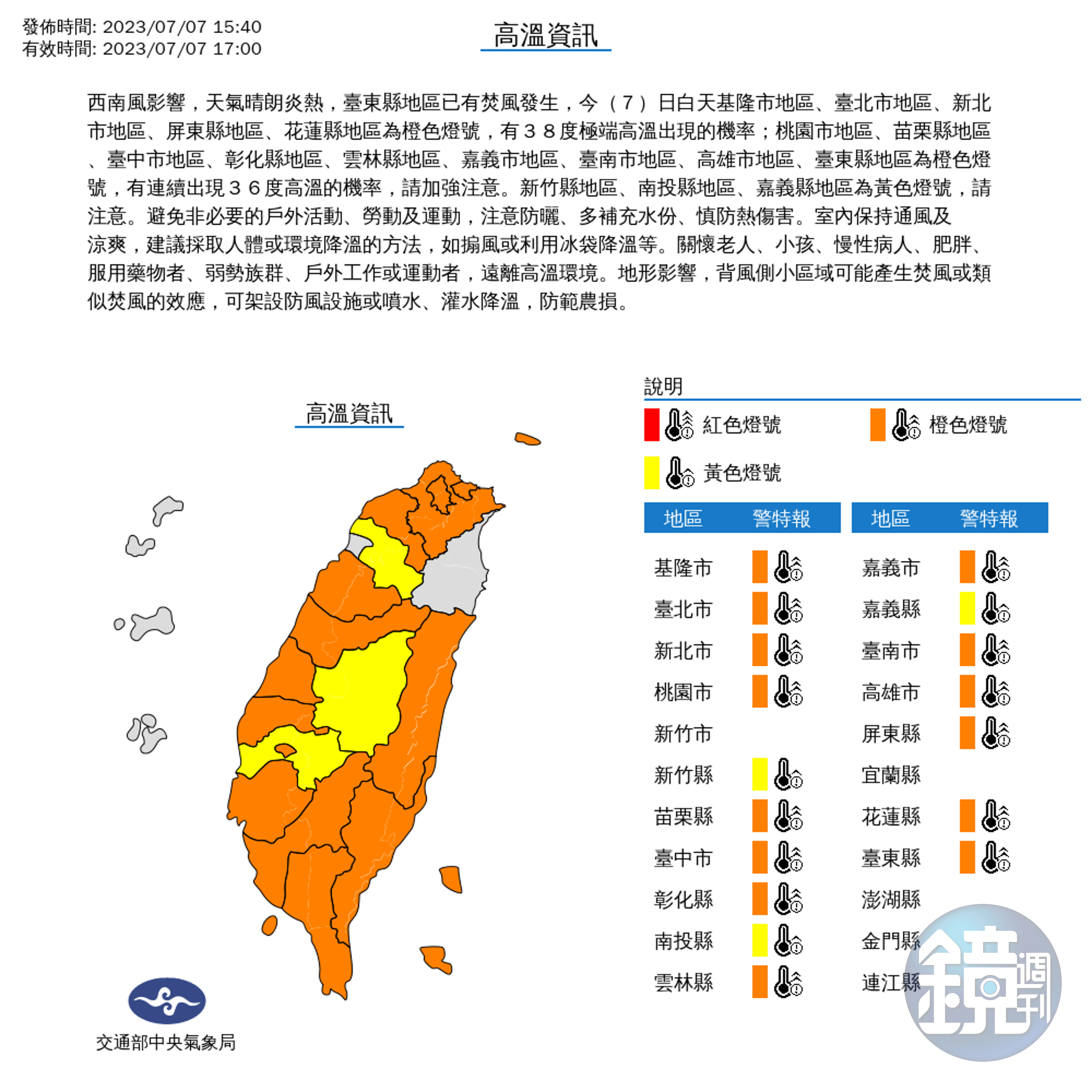 中央氣象局針對17縣市發布高溫警示,提醒民眾注意防曬、多補充水份、慎防熱傷害。(中央氣象局提供)