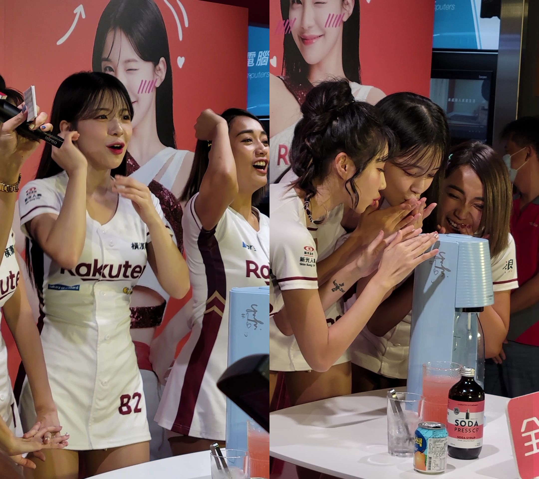 李多慧、筠熹與阿布舞三位樂天女孩簽名的氣泡水機由粉絲競標到3萬元，她們開心地朝機器送飛吻。