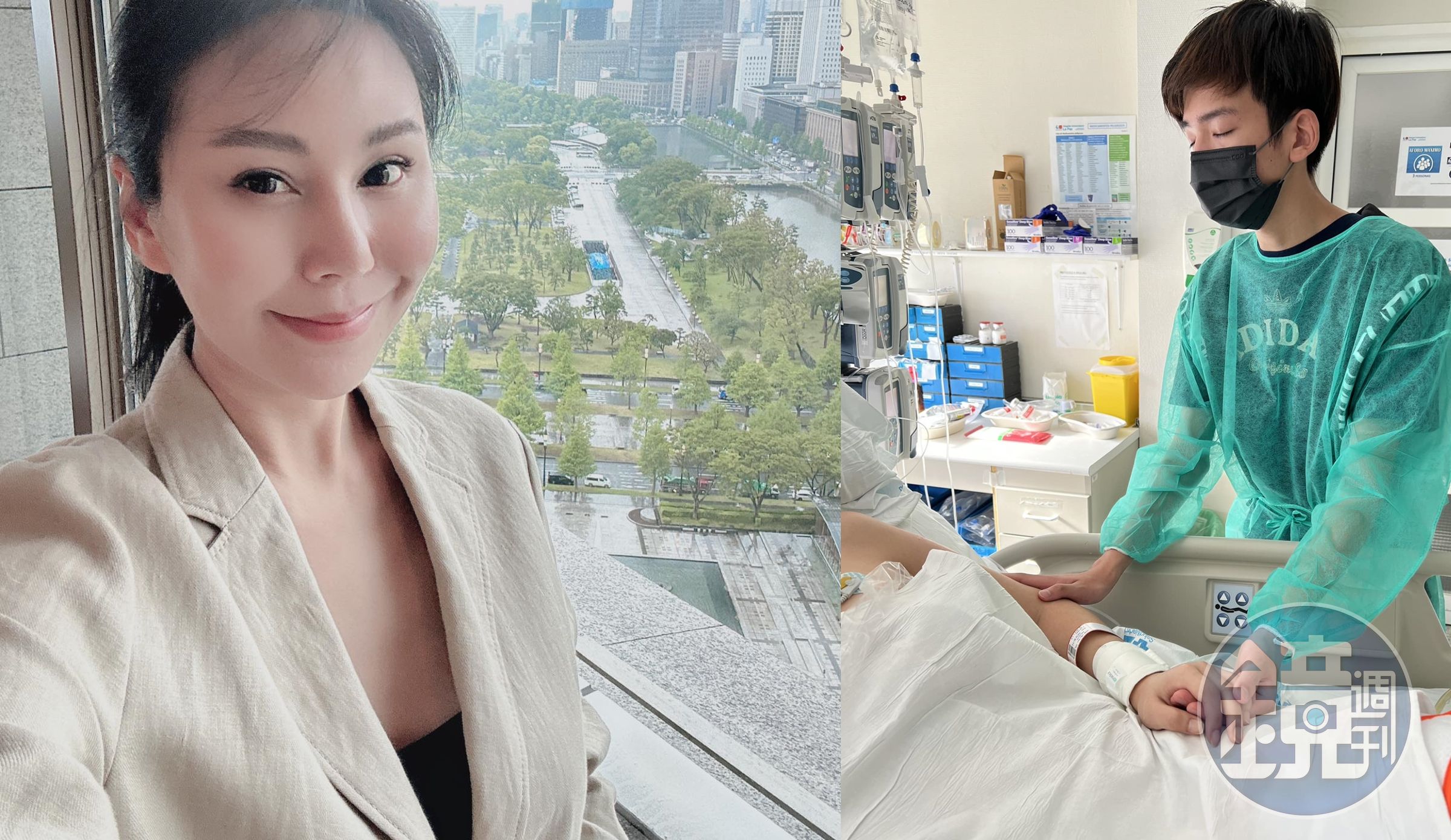 洪曉蕾躺在病床上有兒子牽手在旁陪伴，王世均感謝各界幫忙。（翻攝臉書、IG）