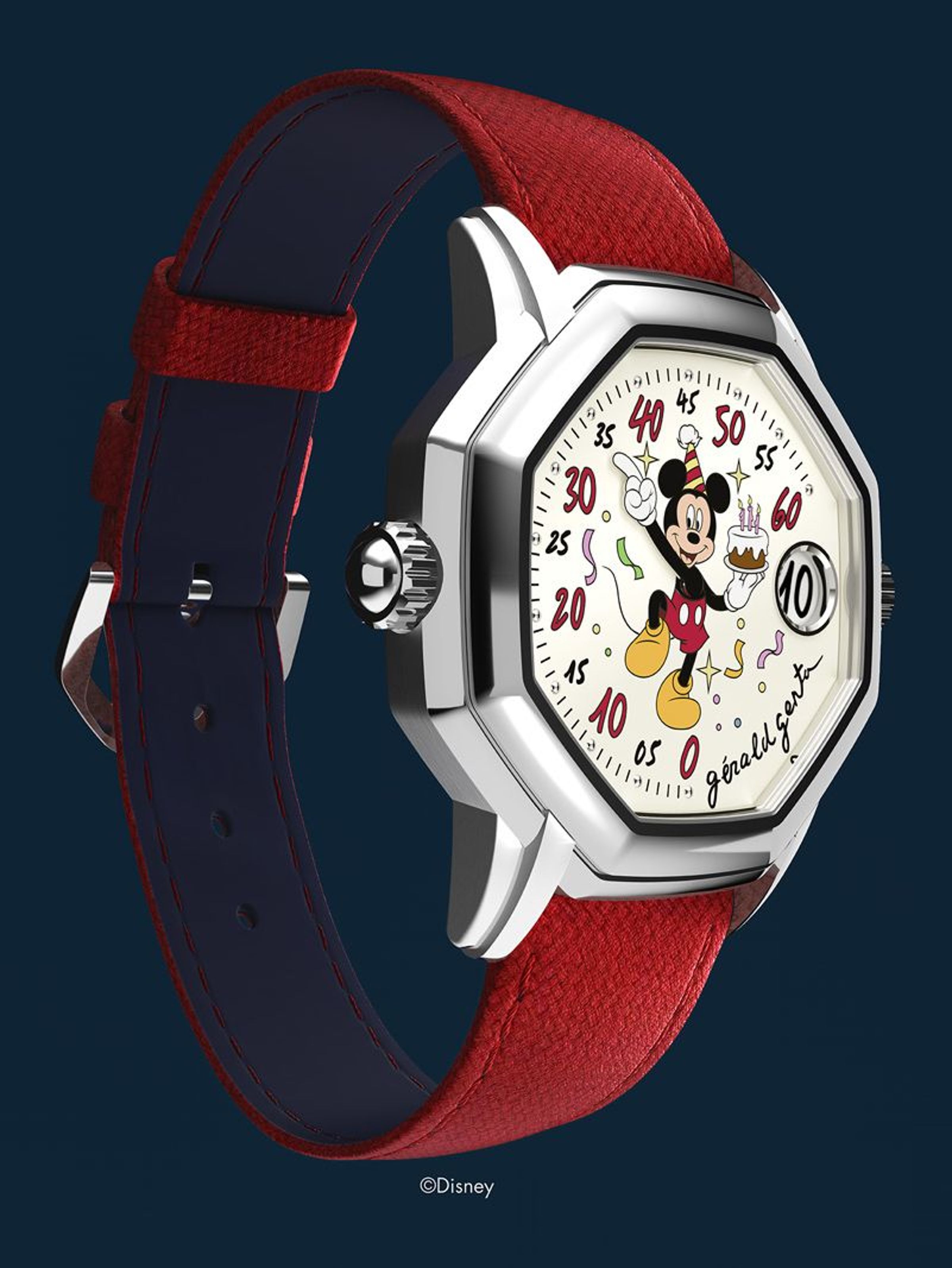 GÉRALD GENTA Only Watch 2023 結合品牌最著名的設計特徵：招牌Octagonal「八角形錶殼」與在80年代顛覆錶界的迪士尼授權「米老鼠」卡通圖騰。©Disney
