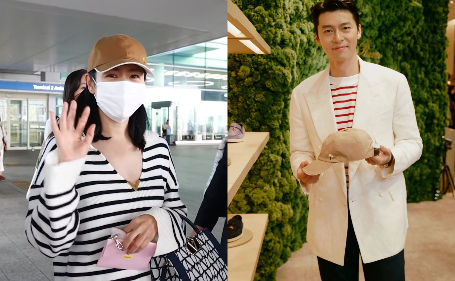 孫藝真結束巴黎時裝週活動返韓，戴的老公玄彬代言的聯名款帽子，身上衣服也與老公類似。（網路圖片）