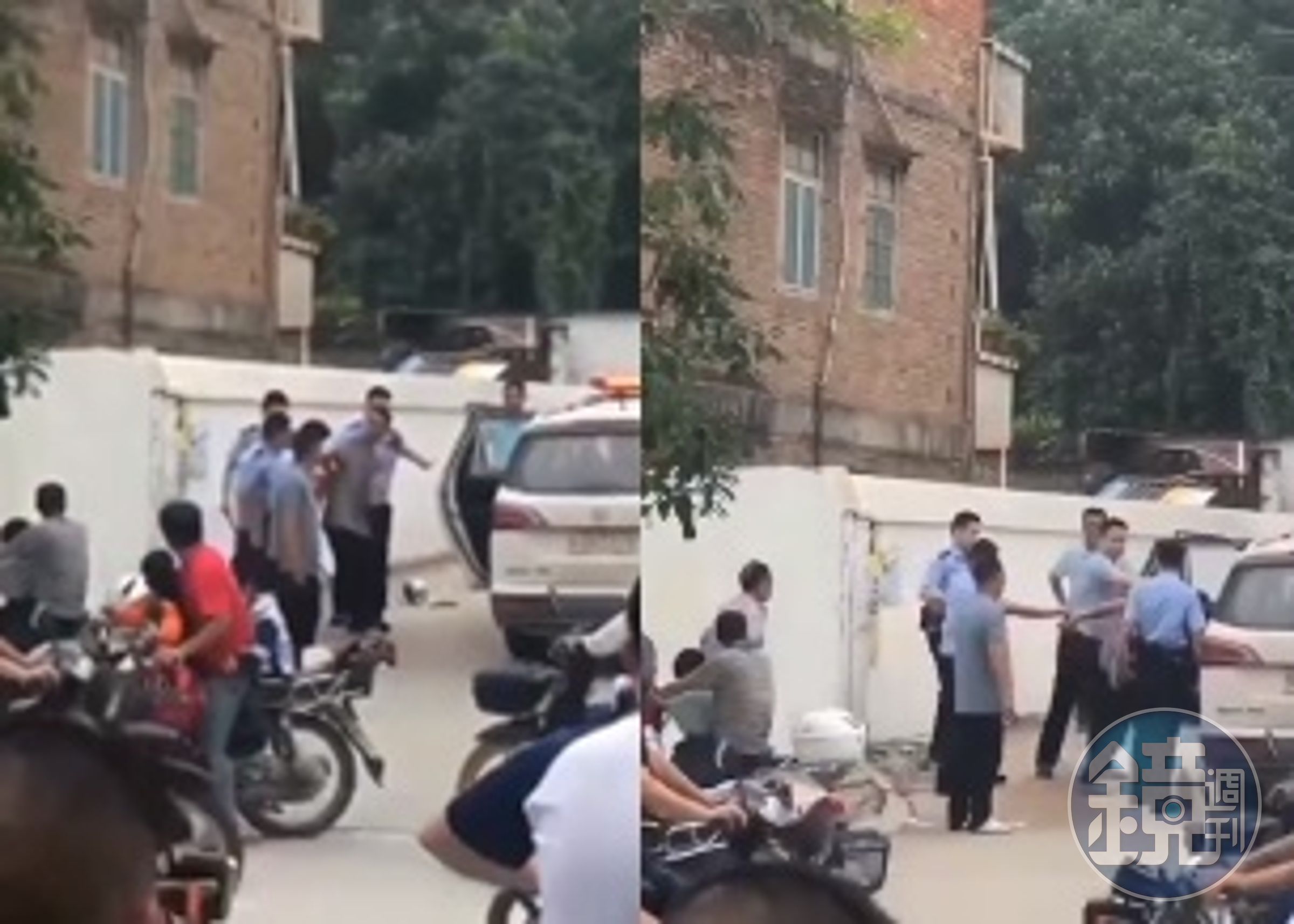 廣東某幼兒園今傳出男子持刀砍人事件,警方趕抵現場立即將嫌犯逮捕。(截圖自微博)