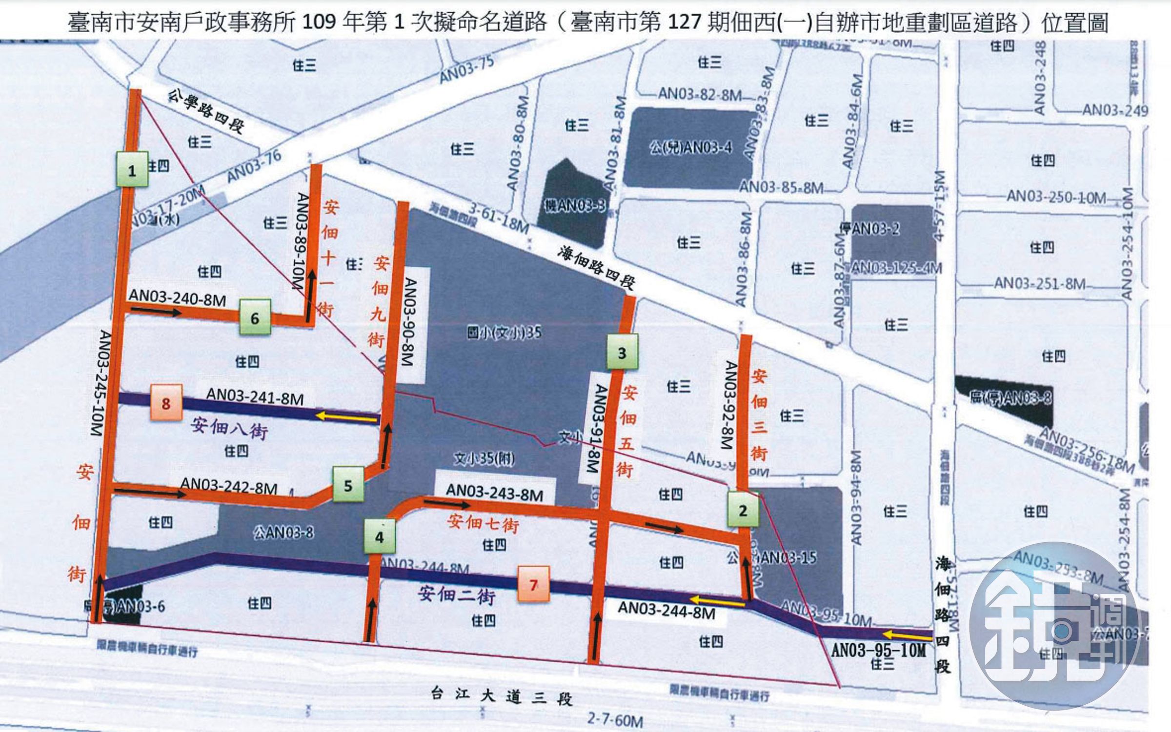 佃西重劃案總面積9.27公頃，完工後建地6.03公頃（18,237坪）發回地主及重劃會，另3.24公頃收歸國有成道路、公園、學校、廣場。（翻攝台南市安南戶政事務所公告）
