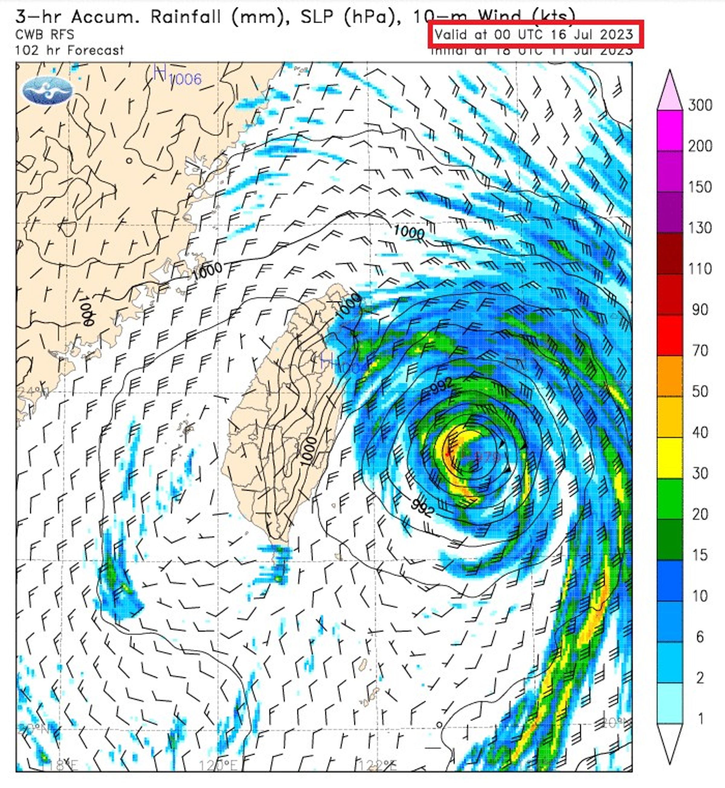 根據鄭明典分享的預測圖，颱風很可能在7月16日登陸台灣。（翻攝自鄭明典臉書）