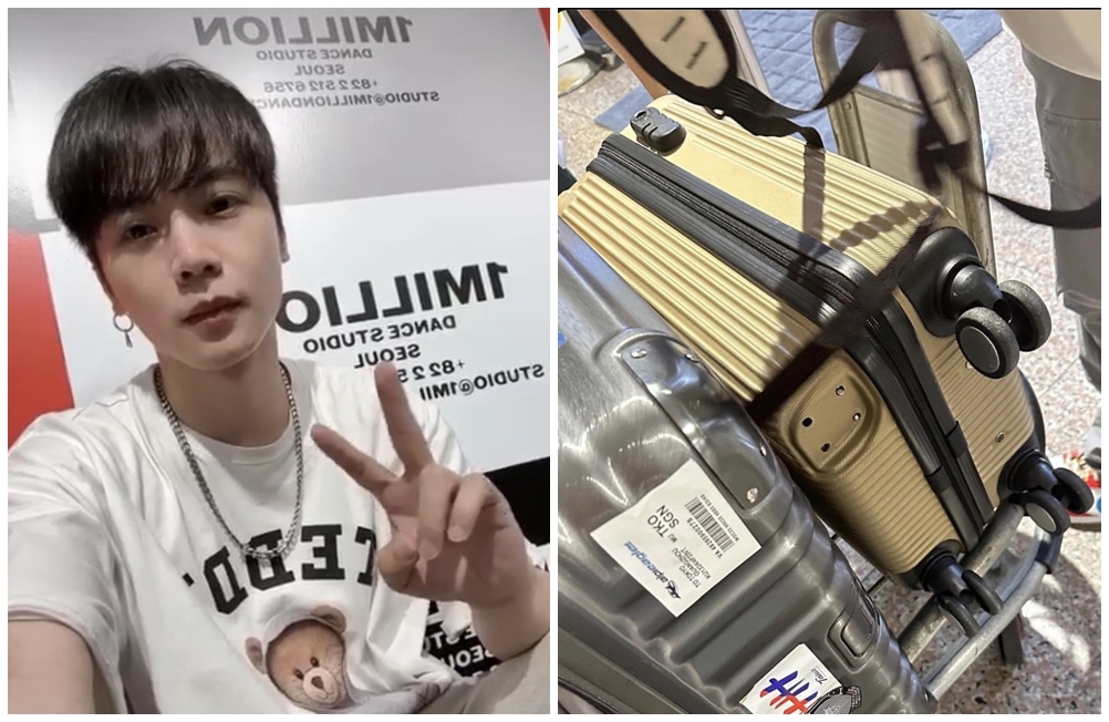 古曜威日前遊韓練舞兼度假，沒想到返台時全新的行李箱被撞掉一顆輪子。（翻攝古曜威Threads）