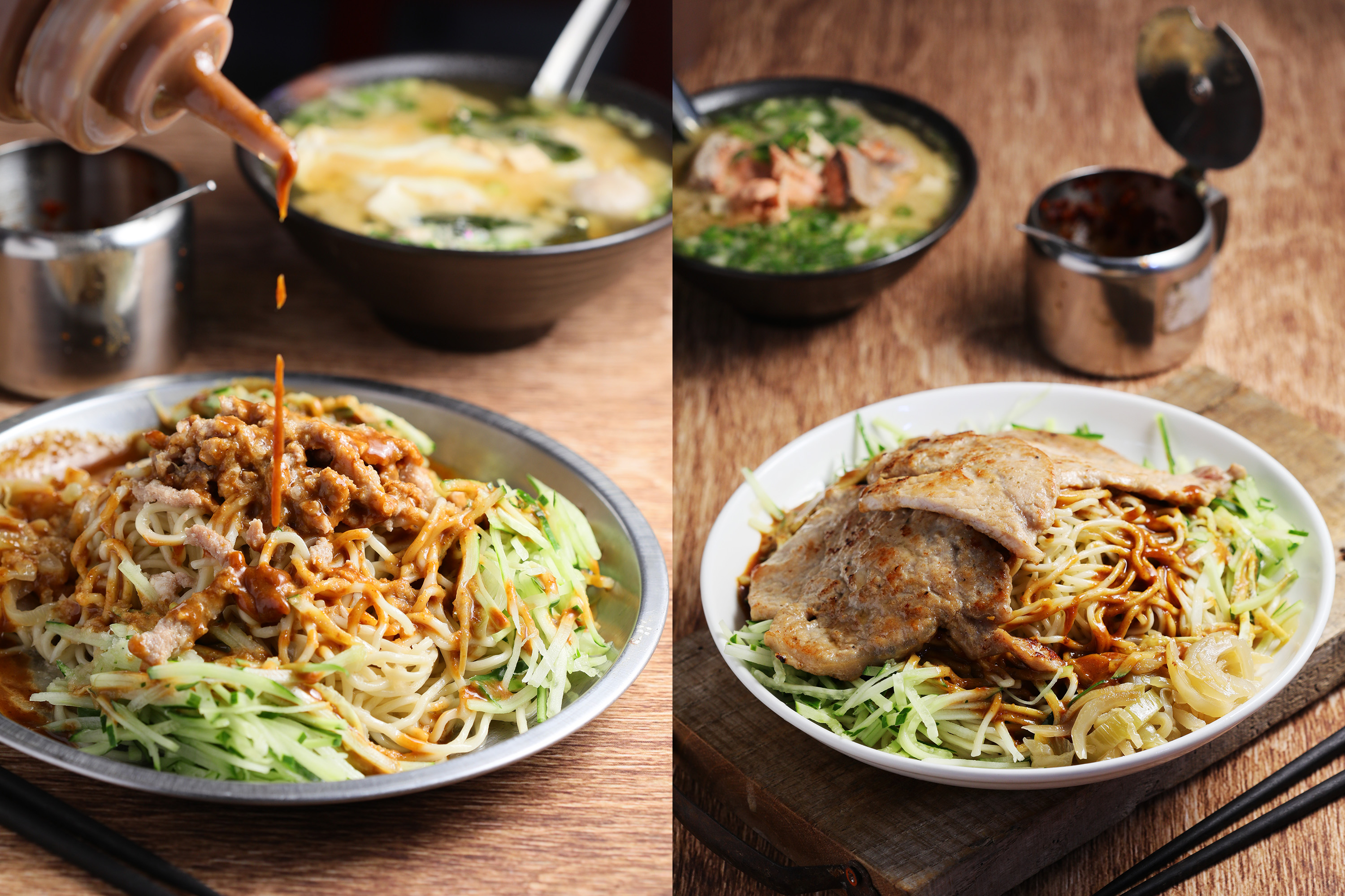 位於台北六張犁的「老婆涼麵1號店」推出獨特的「酸菜肉絲涼麵」（右）與「排骨涼麵」（左），讓不少人一試成主顧。