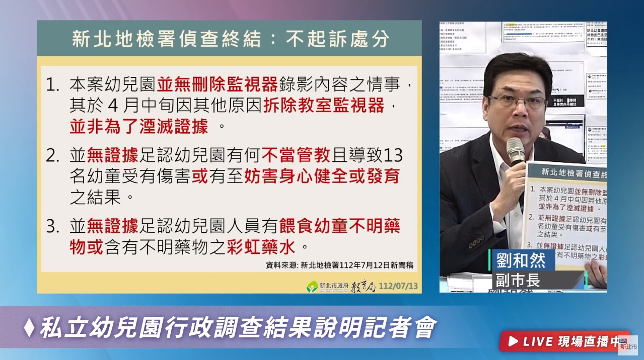 新北市副市長劉和然說明不起訴三大重點。（翻攝自我的新北市YouTube）