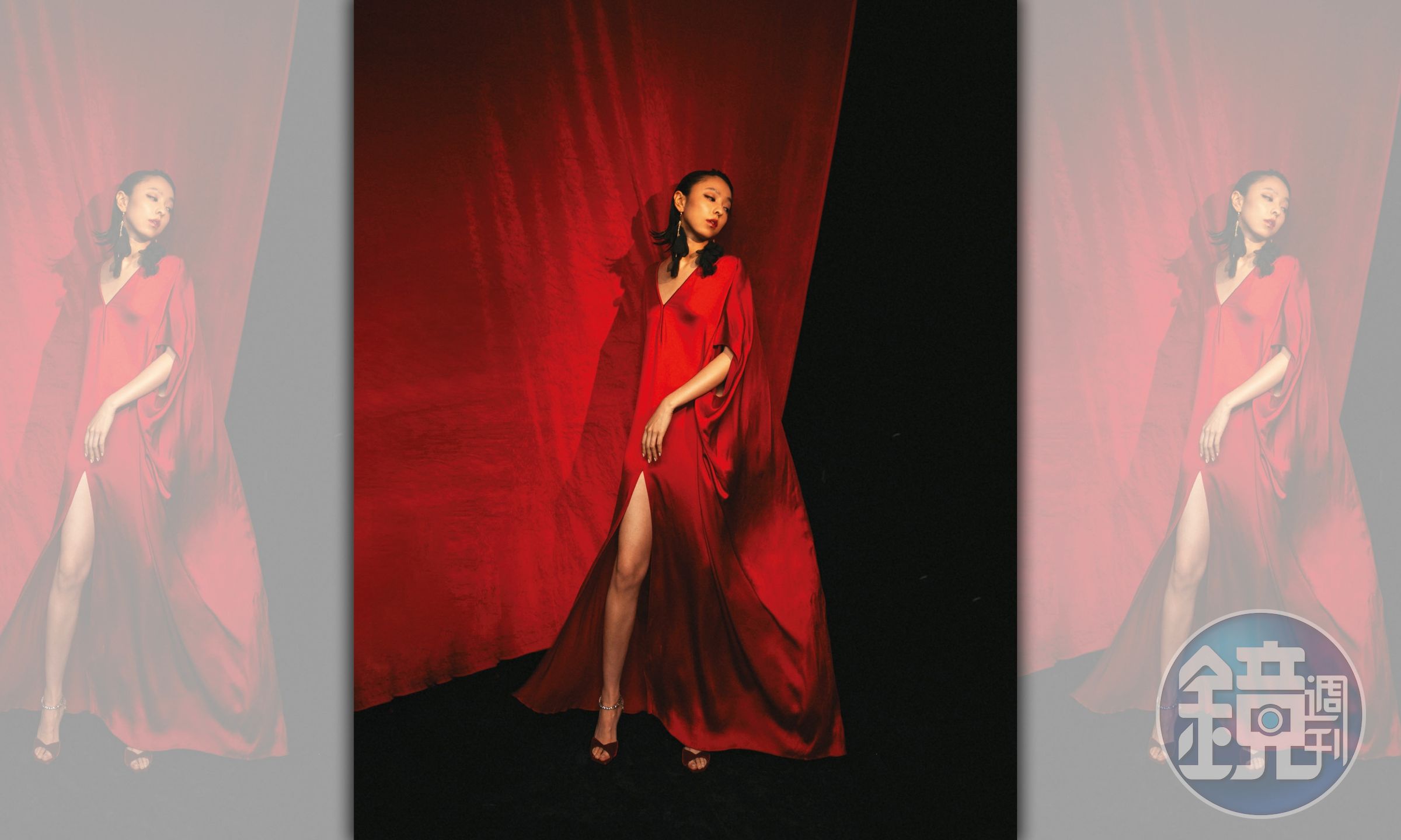 罌粟紅緞面開衩長袍 價格店洽 by Michael Kors Collection；吊墜耳環 NT$699 by H&M；水鑽裝飾高跟鞋 NT$45,800 by JIMMY CHOO。
