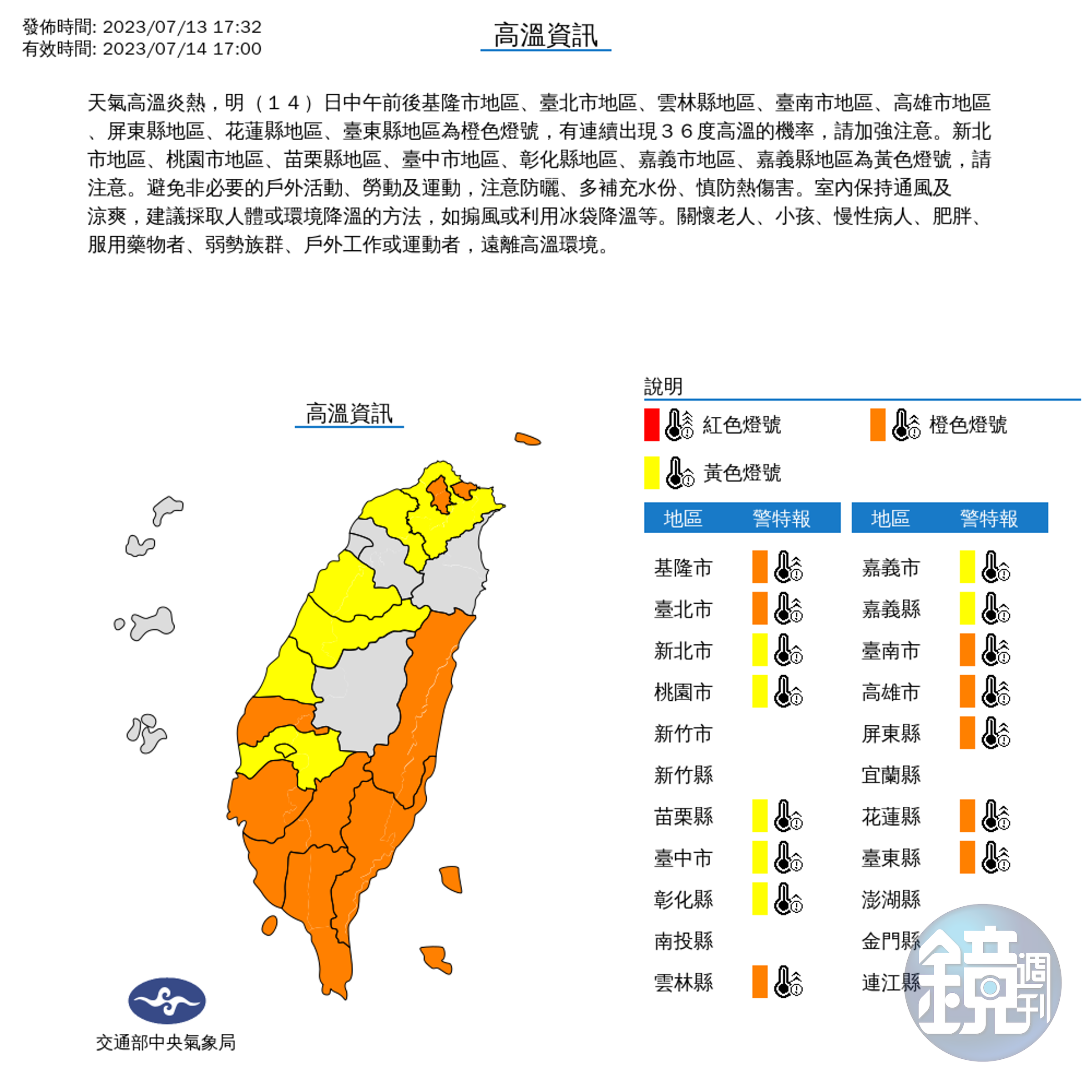 氣象局針對全台15縣市發布高溫資訊，提醒民眾應避免非必要的戶外活動、勞動及運動，注意防曬、多補充水份、慎防熱傷害。（中央氣象局提供）