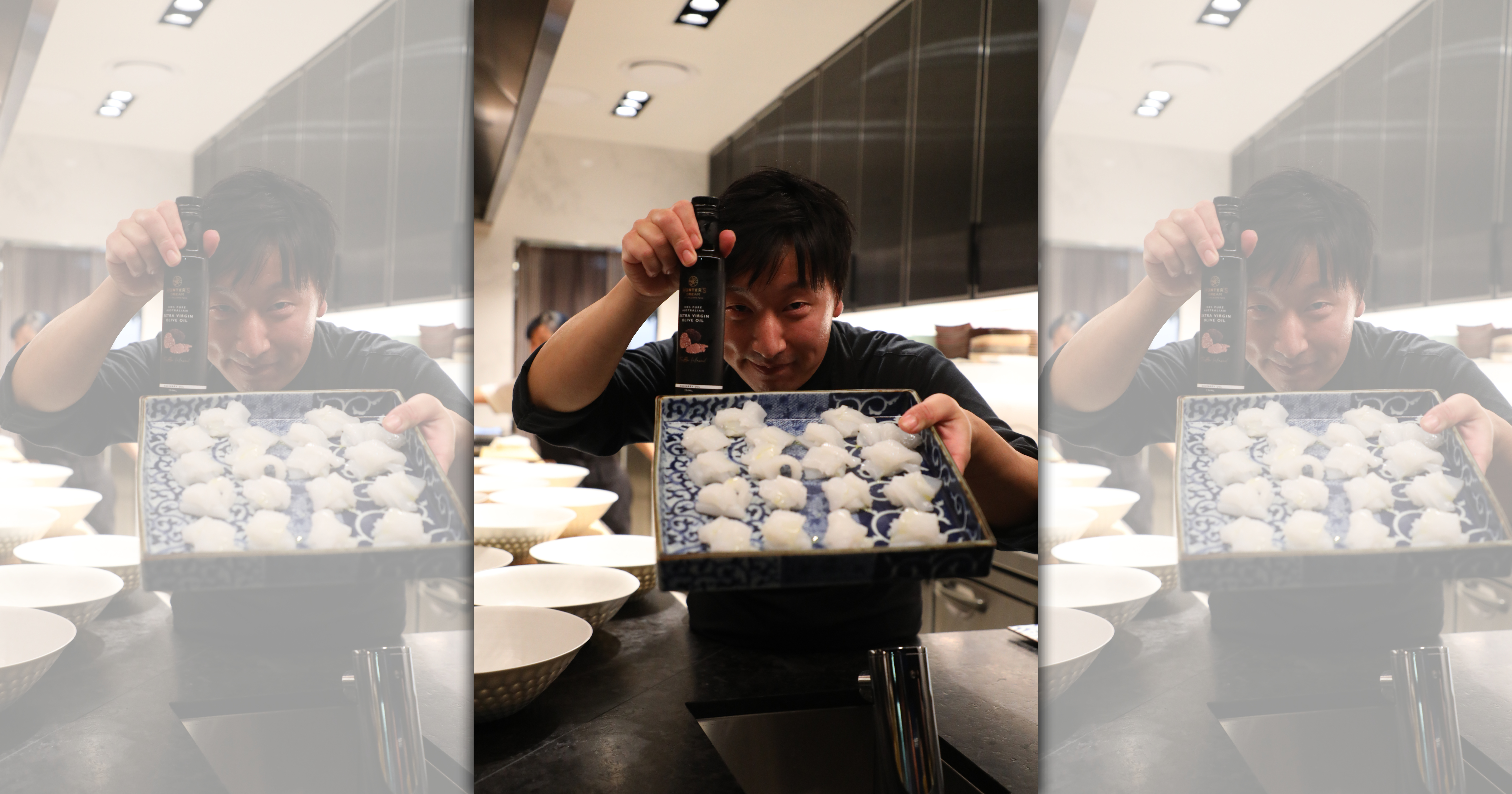 來自日本的主廚吉野勝二，捧著塔司馬尼亞產的透抽與澳洲「獵人谷之夢」出品的黑松露橄欖油，說這兩者是最佳搭檔。