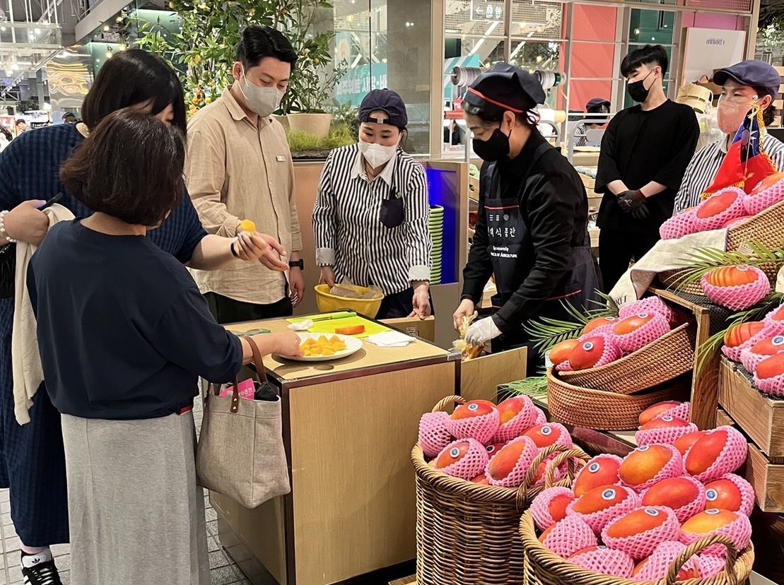 台南芒果於首爾最高檔的汝矣島現代百貨地下超市展售。（台南市政府提供）