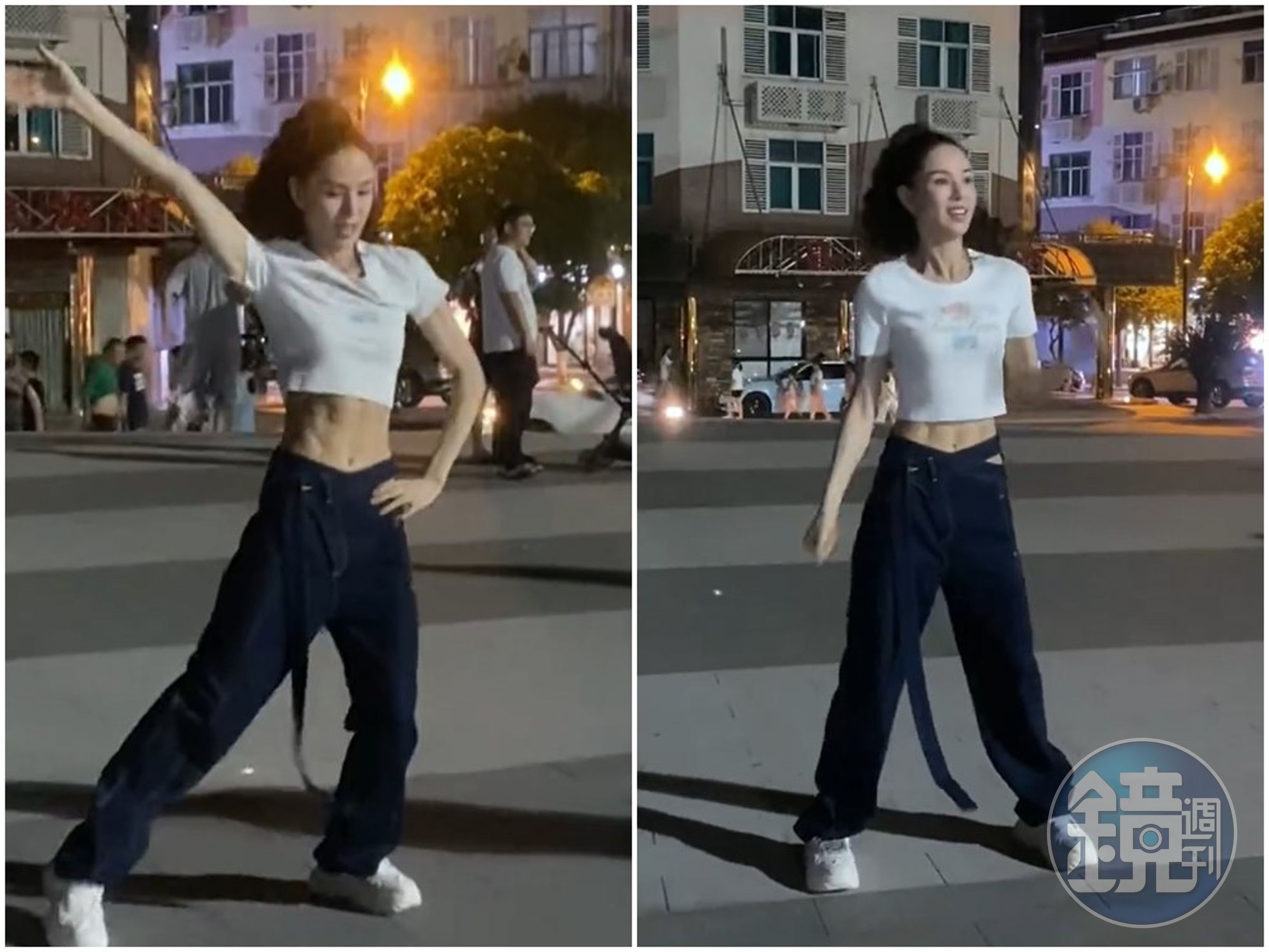 李若彤跳廣場舞,秀出驚人腹肌。(翻攝李若彤微博)