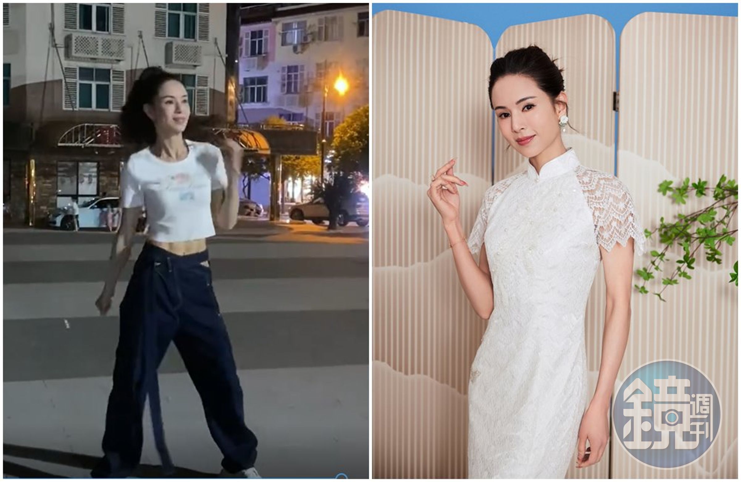 56歲的李若彤保養得宜(右圖),近日現身街頭跳廣場舞(左圖)。(翻攝李若彤微博)
