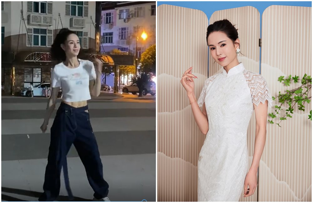 56歲的李若彤保養得宜（右圖），近日現身街頭跳廣場舞（左圖）。（翻攝李若彤微博）