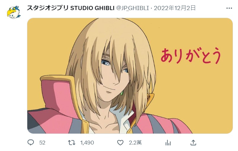 木村發文隔天,吉卜力工作室分享了一張《霍爾的移動城堡》中由木村拓哉配音的角色「霍爾」劇照,且寫著「謝謝」,引來諸多揣測。(翻攝自吉卜力工作室Twitter)