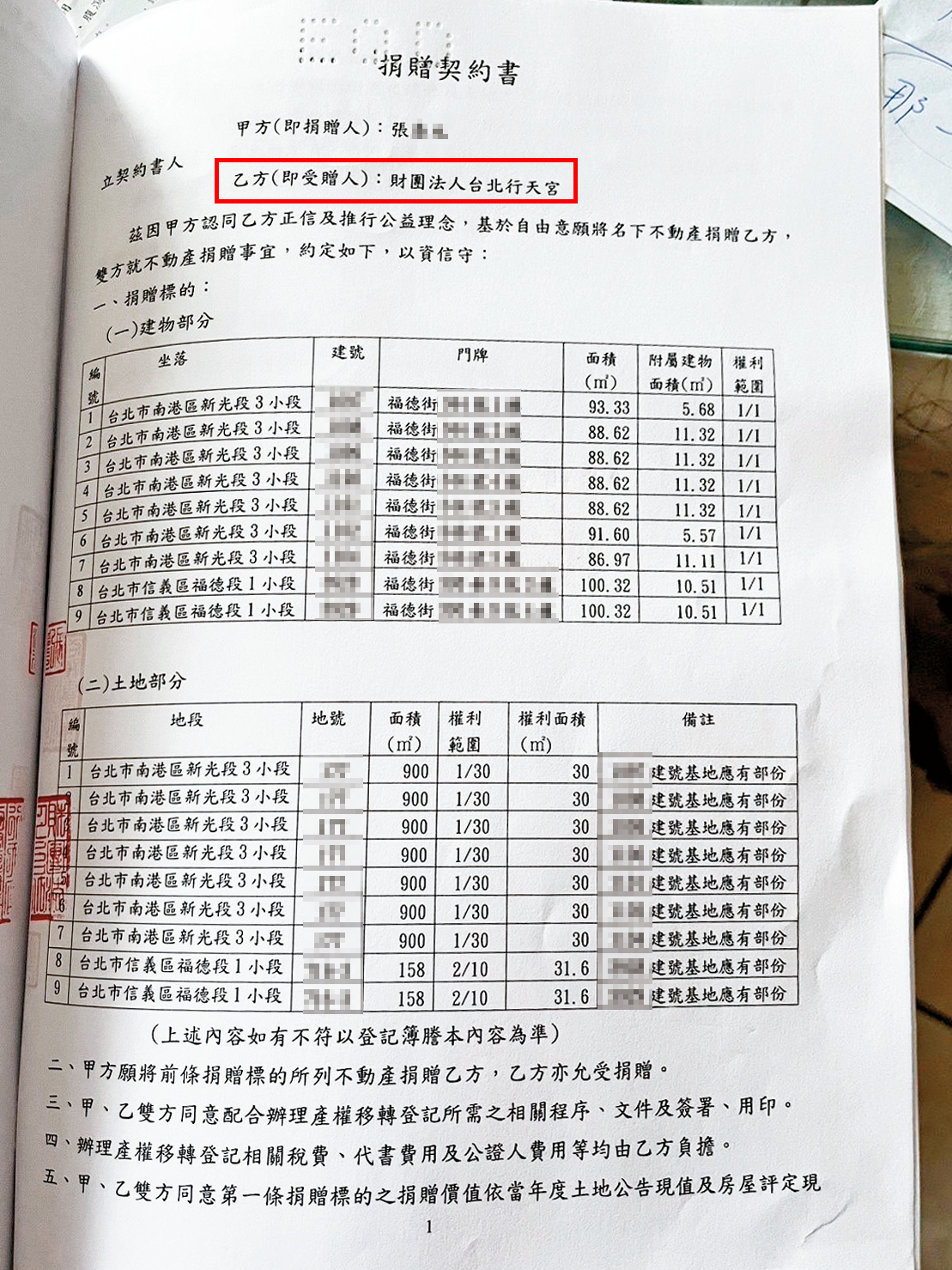 張姓老翁去年底與行天宮簽約，捐贈9戶房產，市價上億元。（讀者提供）