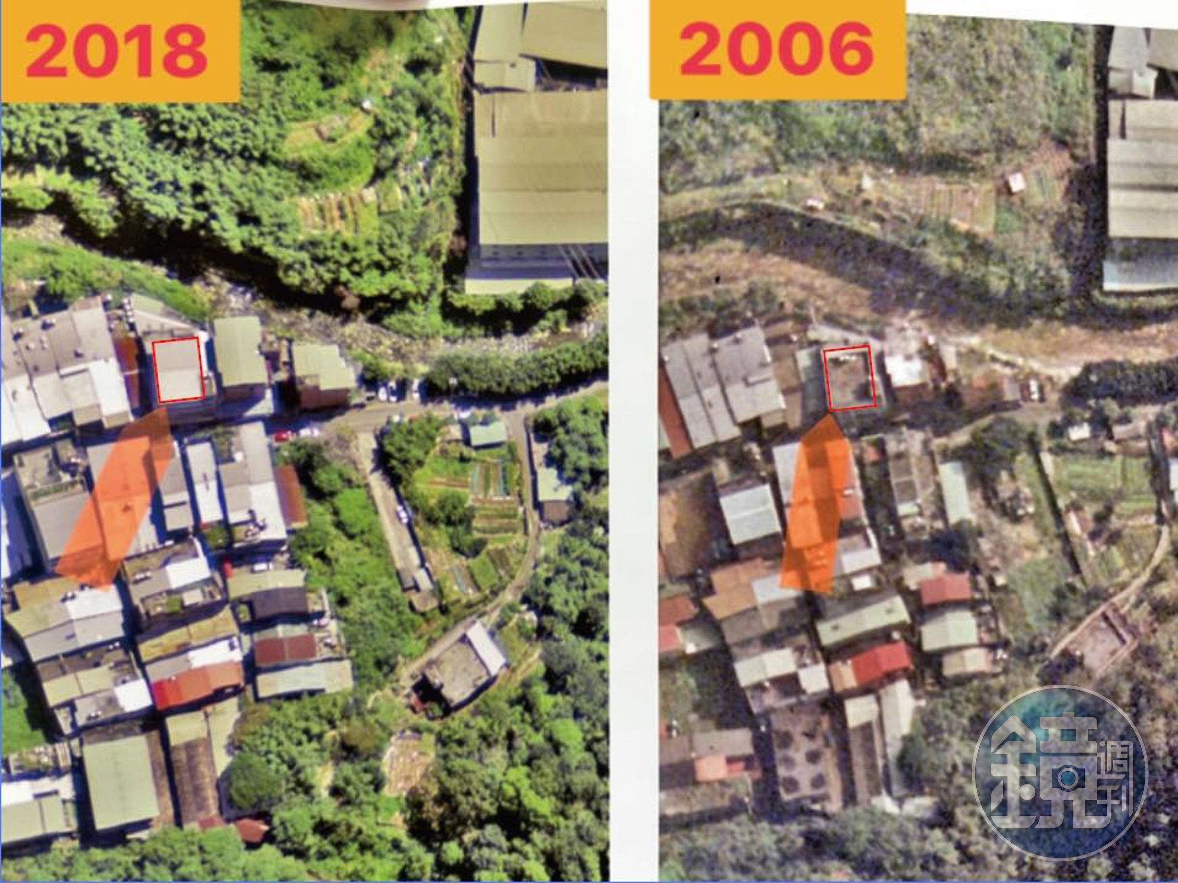 張志豪貼出2006年與2018年的空拍圖,直指頂樓、後方增建物均不同。(翻攝自臉書@新北市議員張錦豪)