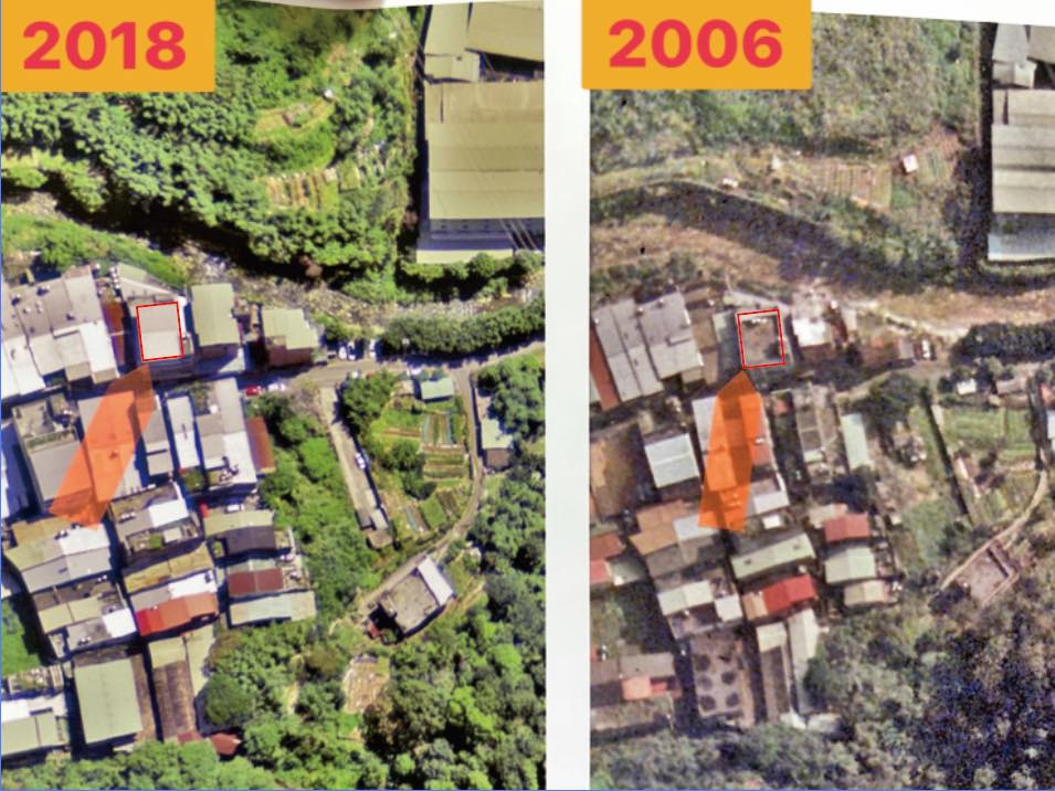 張志豪貼出2006年與2018年的空拍圖，直指頂樓、後方增建物均不同。（翻攝自臉書@新北市議員張錦豪）