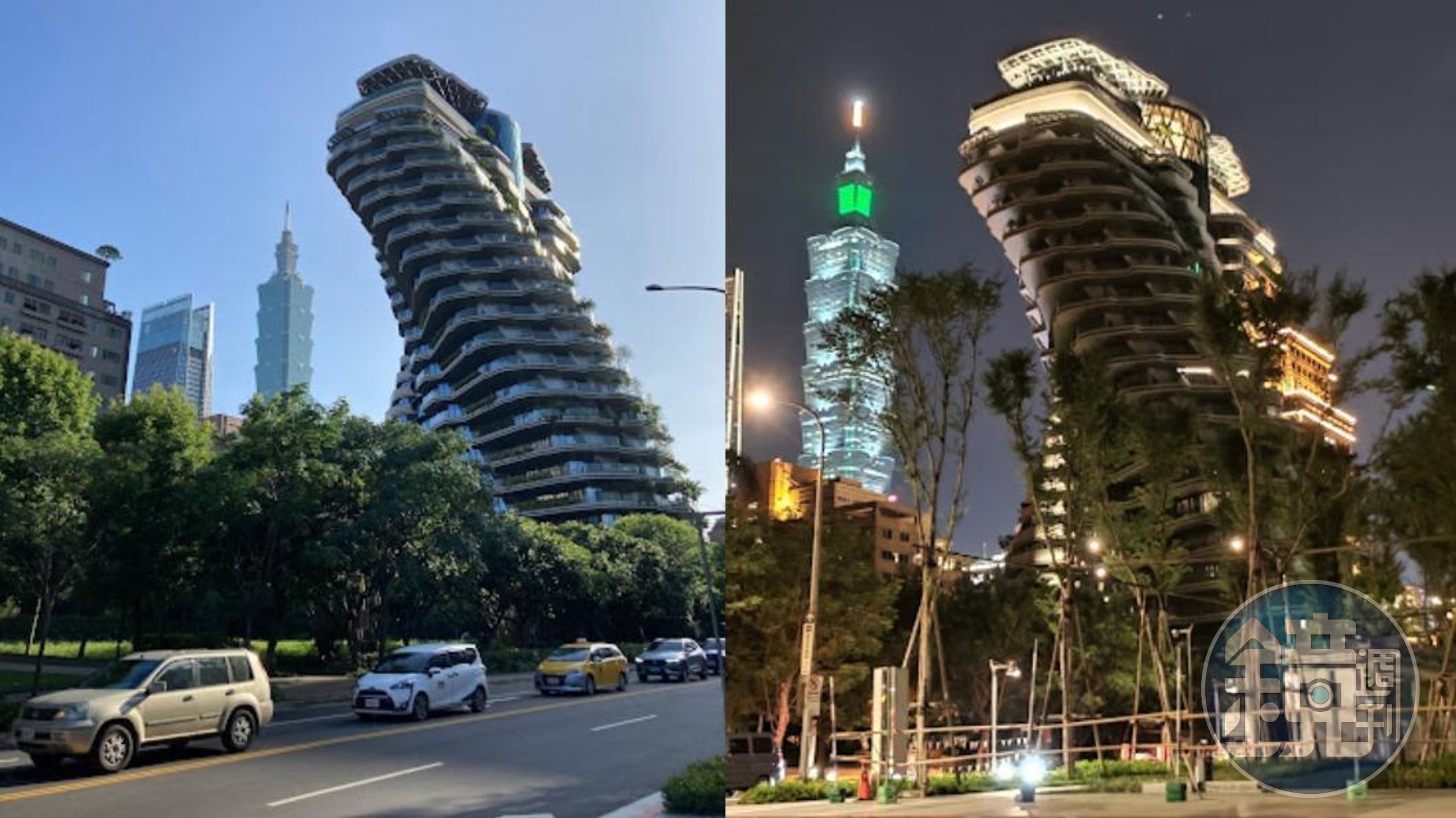 信義區豪宅陶朱隱園意外被網友發現在某個角度拍攝，很像怪獸哥吉拉，因此被網友賜名「信義哥吉拉」（翻攝Google Maps、臉書社團「信義區三兩事」）