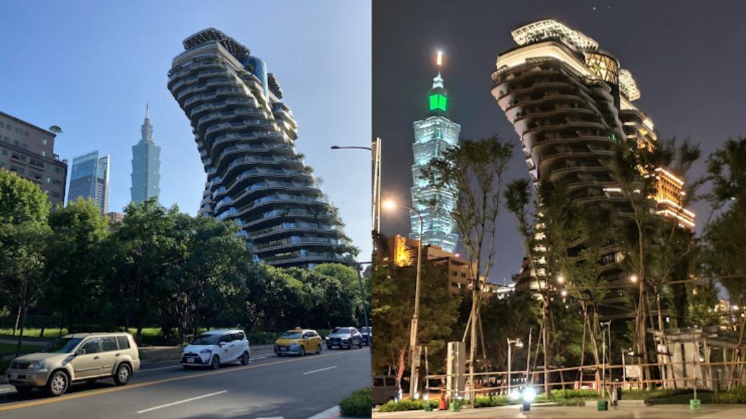 信義區豪宅陶朱隱園意外被網友發現在某個角度拍攝，很像怪獸哥吉拉，因此被網友賜名「信義哥吉拉」（翻攝Google Maps、臉書社團「信義區三兩事」）