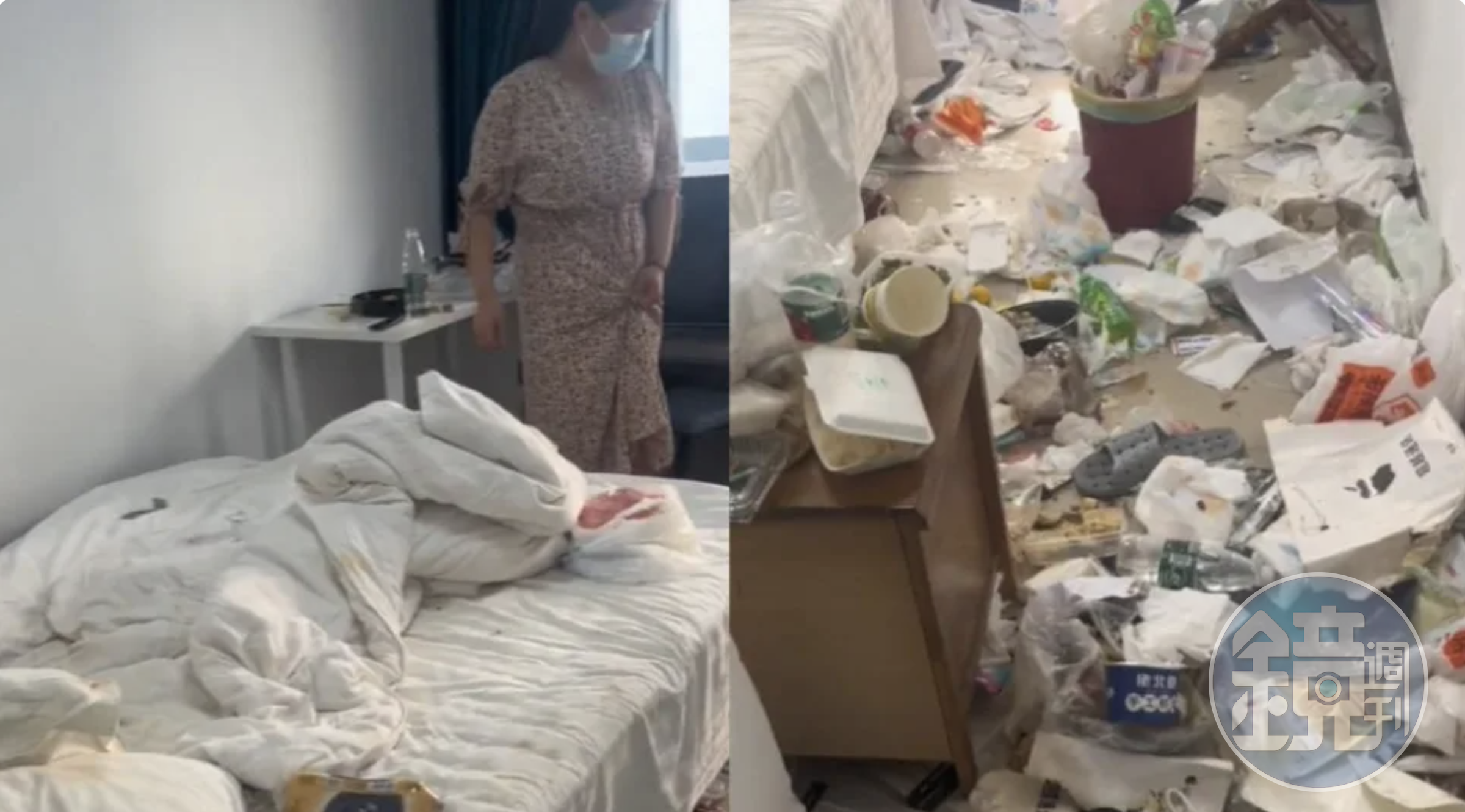 旅館老闆慘被3中國屁孩惡搞,房間地板上推滿垃圾。(翻攝微博)