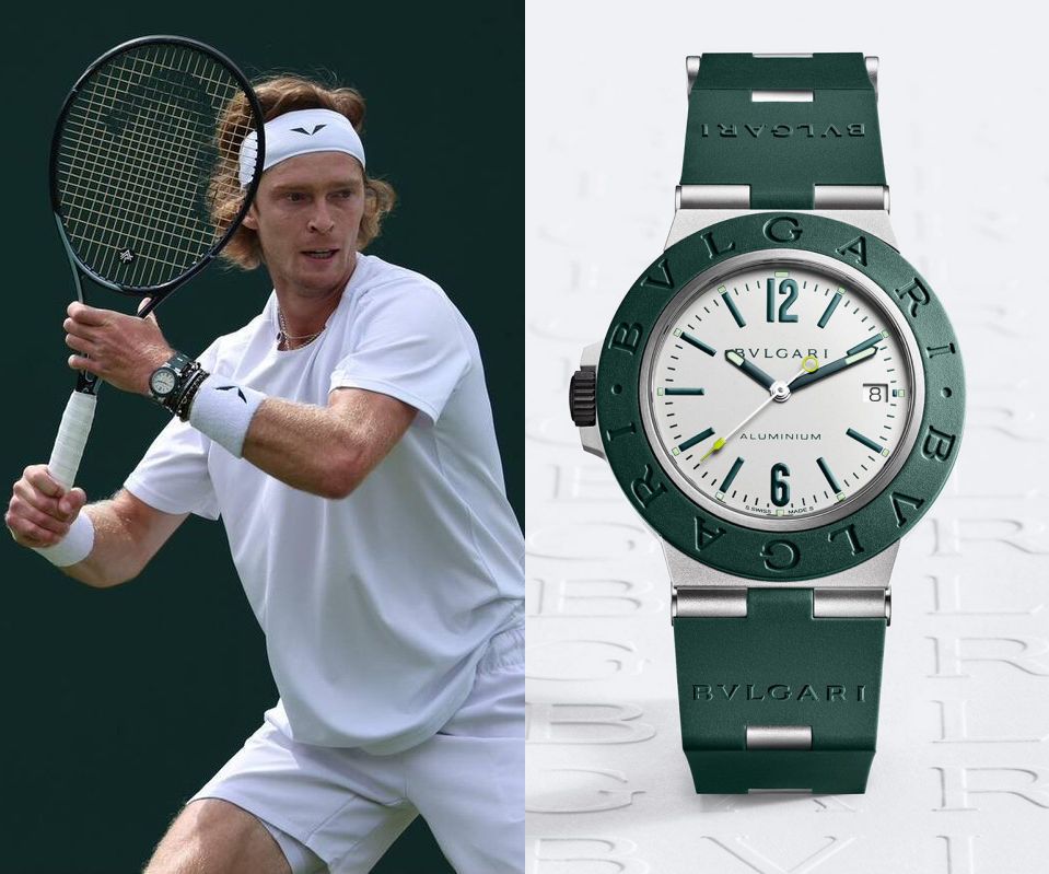來自俄羅斯的Andrey Rublev(安德烈盧布列夫)戴寶格麗Aluminium Match Point Edition左冠限量錶,以及B.zero1項鍊下場打球,超級帥氣。(圖片翻攝自@Andrey Rublev Twitter)