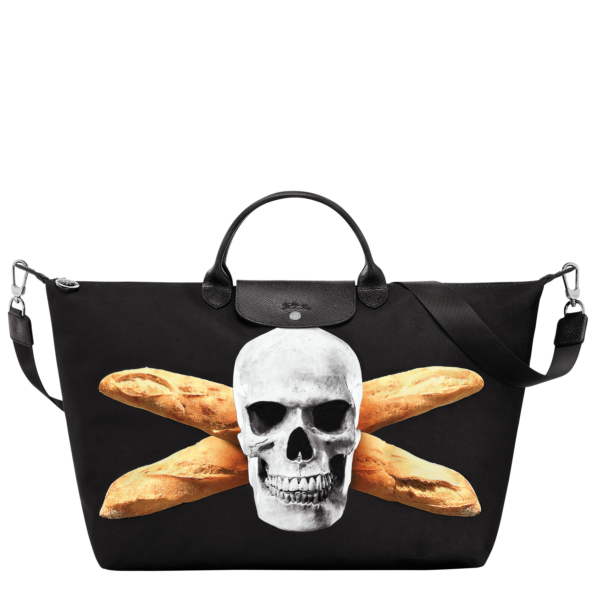 LONGCHAMP X TOILETPAPER聯名系列旅行袋 (長棍包圖騰)。NT$16,300（LONGCHAMP提供）