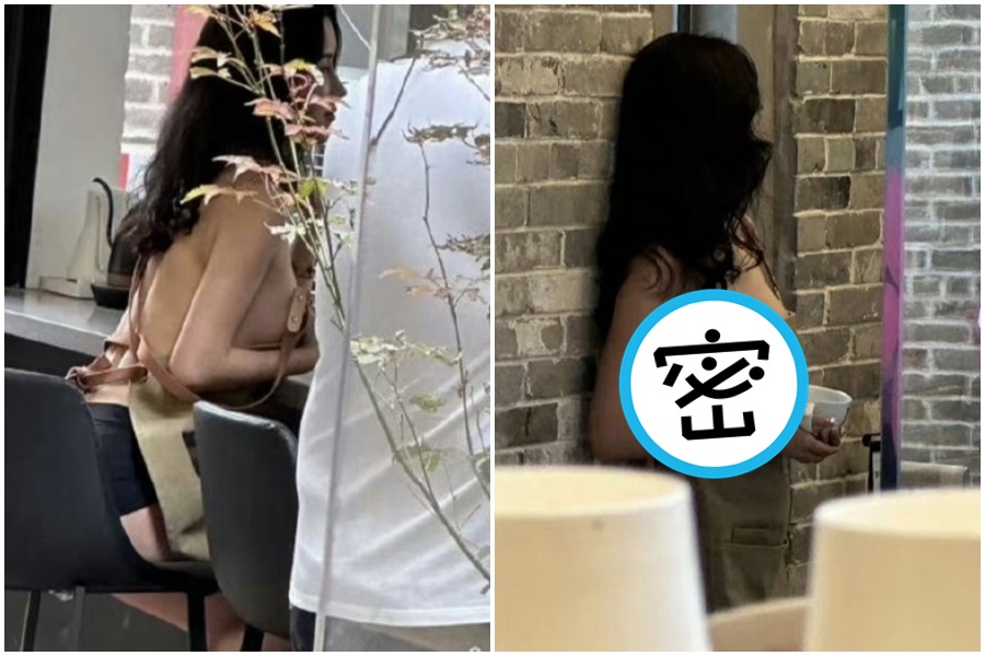 中國某咖啡廳疑遭女子擅自入內性感擺拍，照片引起網友熱烈討論。（翻攝自微博）