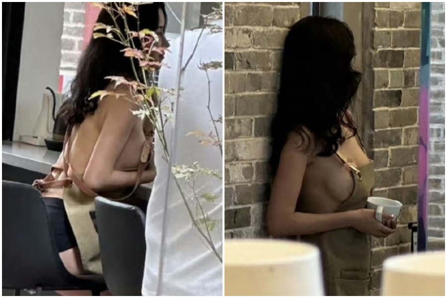 中國某咖啡廳疑遭女子擅自入內性感擺拍，照片引起網友熱烈討論。（翻攝自微博）