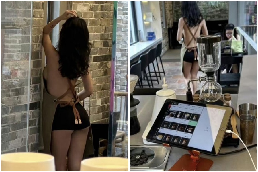 中國某咖啡廳疑遭女子擅自入內性感擺拍，照片引起網友熱烈討論。（翻攝自微博）