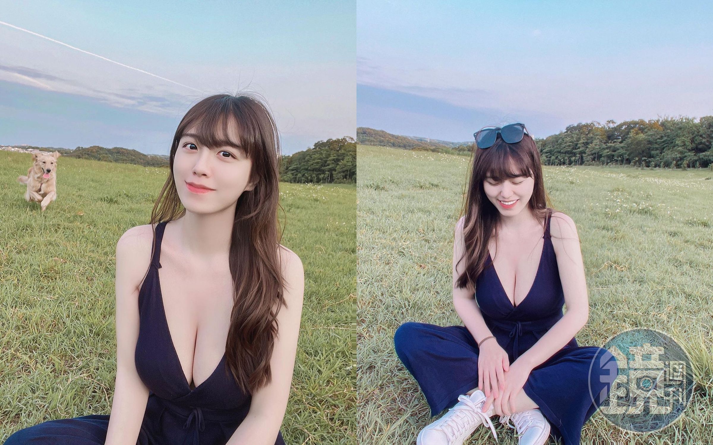 李佩瑾坐在草地拍美照,遠處一隻狗狗朝她飛奔而來將她撲倒。(翻攝IG@sandyi01314)