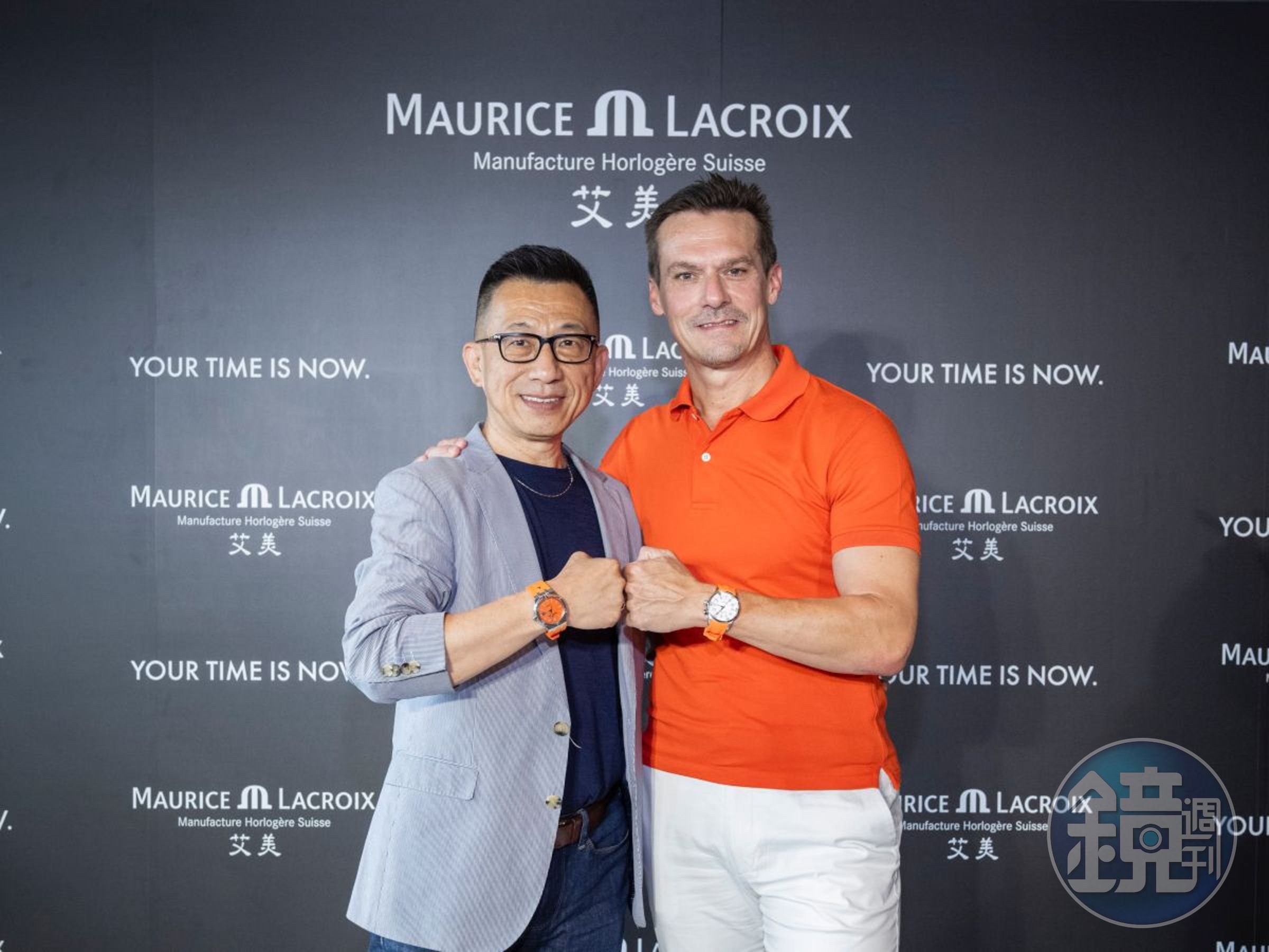 瑞士艾美錶MAURICE LACROIX台灣總代理殷明貿易有限公司總經理蔡光明（左）與艾美錶全球銷售總監Marcel Gut（右）共同舉行上市記者會。