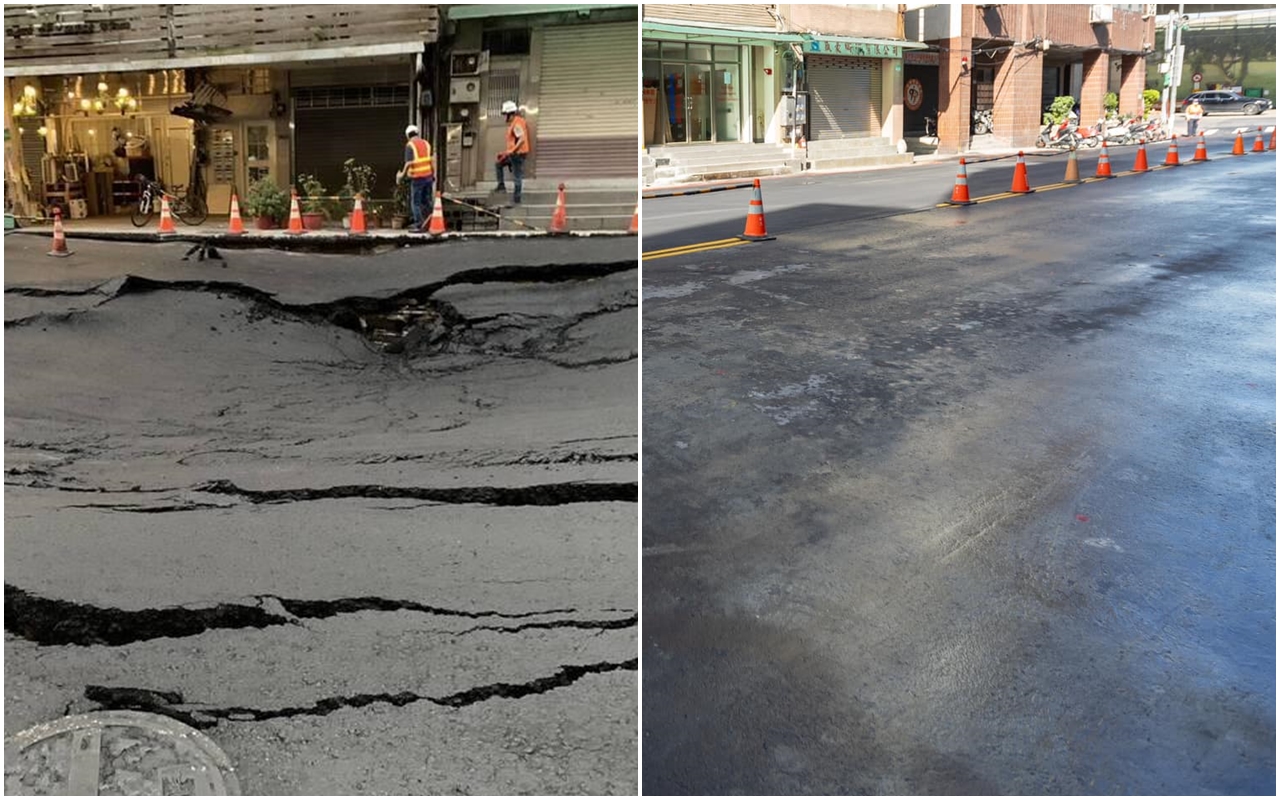 南京西路的柏油路面接連發生天坑，經過專業團隊多日搶修，今中午終於恢復通車。（台北市議員陳怡君提供／翻攝自蔣萬安臉書）